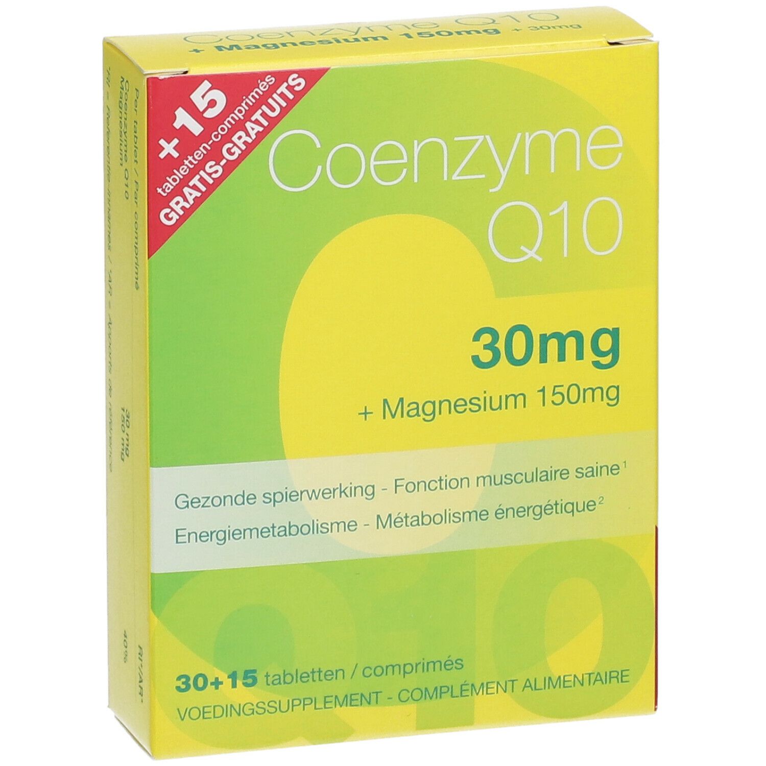 Gele doos met "Co-enzym Q10 30mg + Magnesium 150mg". Bevat 30+15 tabletten. Groen-witte accenten.