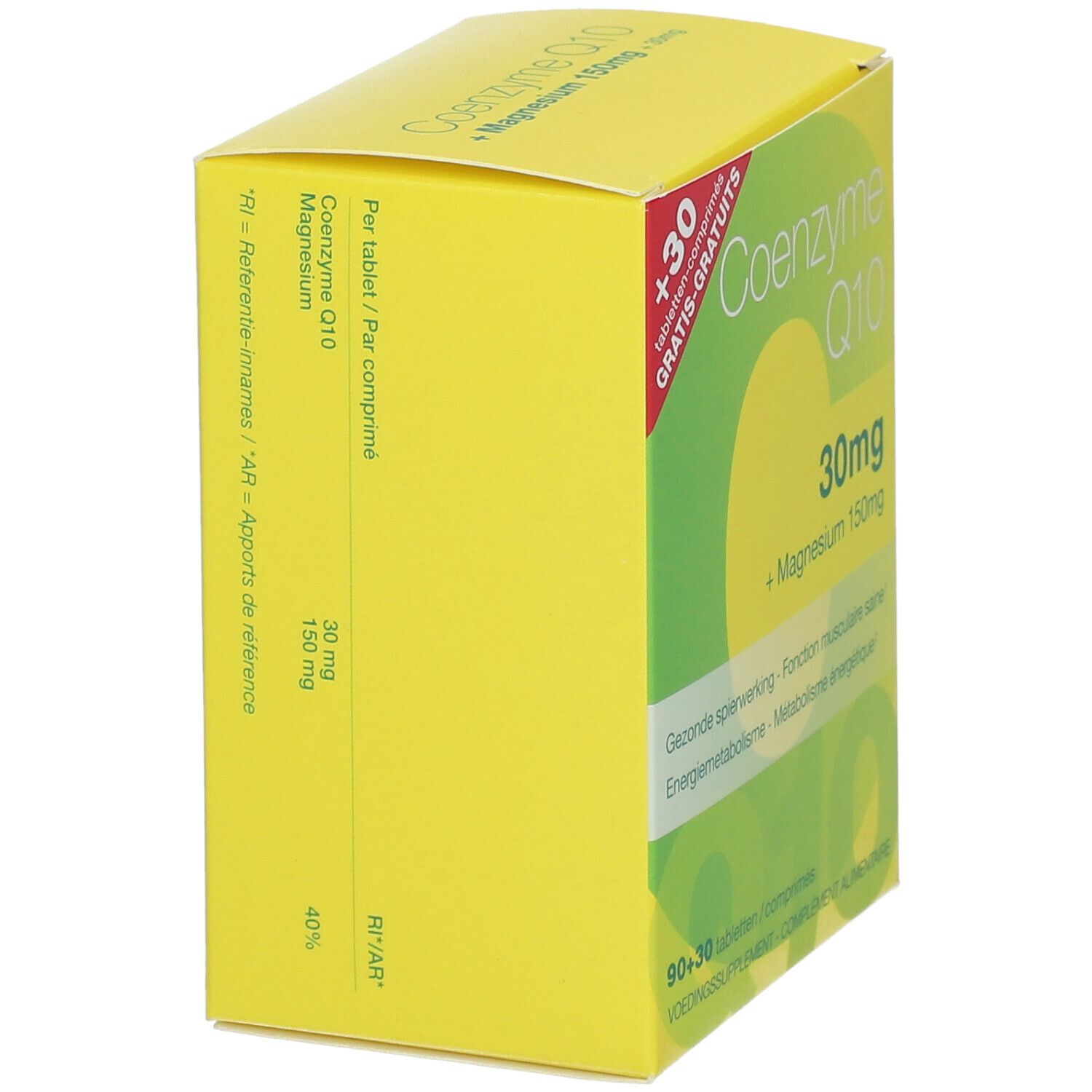 Gele doos met tekst. Bevat informatie over "Co-enzym Q10 30mg + Magnesium 150mg". Tekst in het Duits, Frans en Nederlands.
