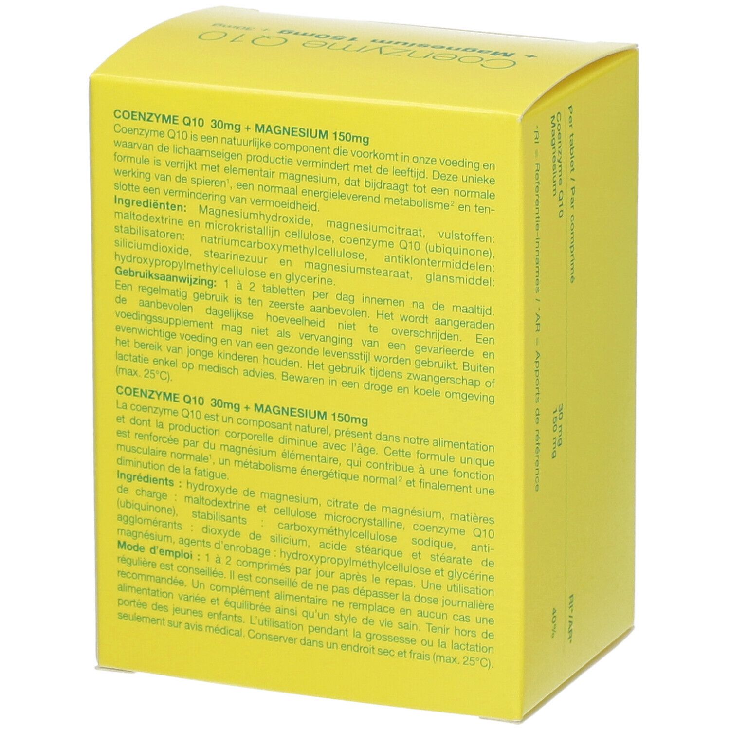 Gele doos met tekst. Bevat informatie over "Co-enzym Q10 30mg + Magnesium 150mg". Tekst in het Duits, Frans en Nederlands.