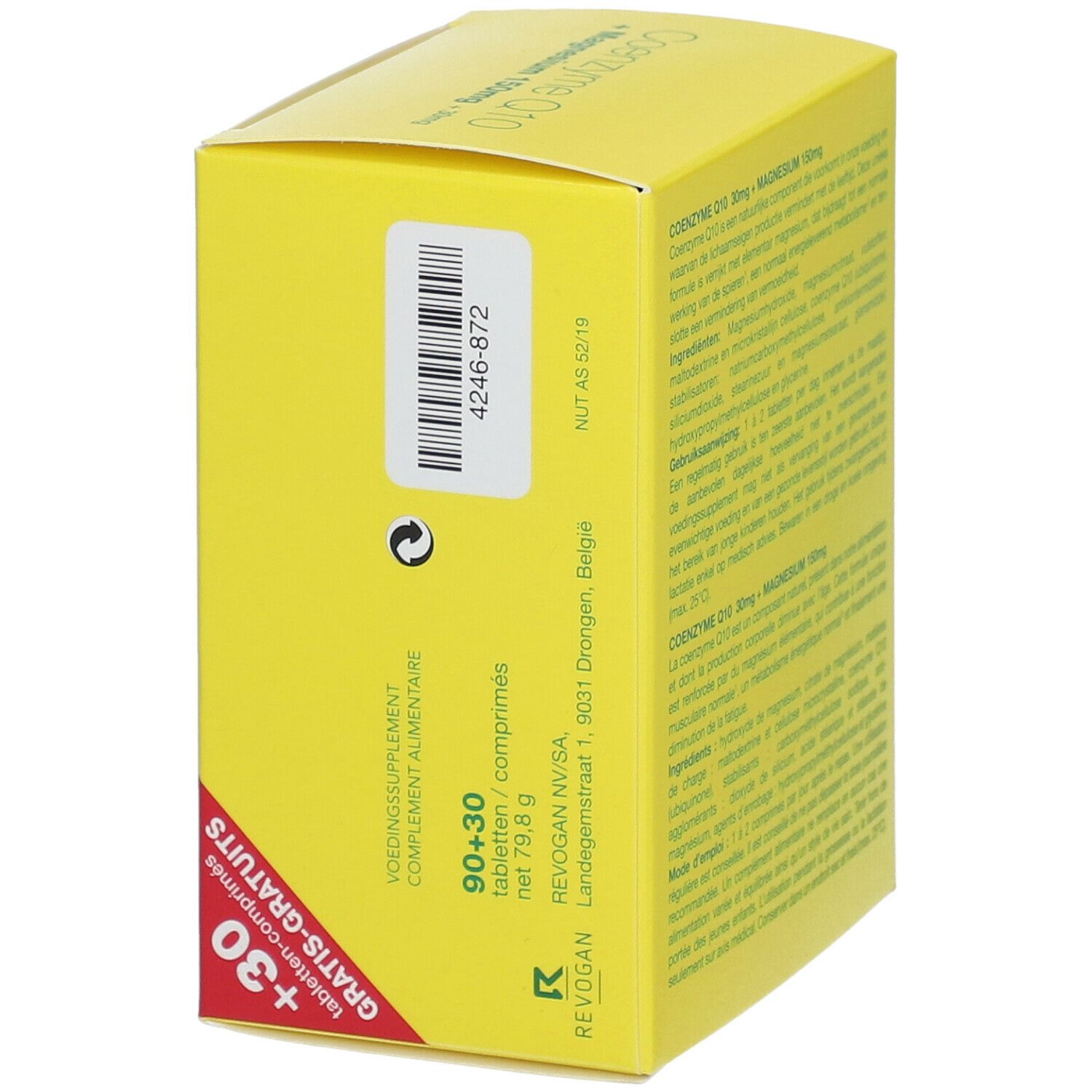 Gele doos met tekst. Bevat informatie over "Co-enzym Q10 30mg + Magnesium 150mg". Tekst in het Duits, Frans en Nederlands.