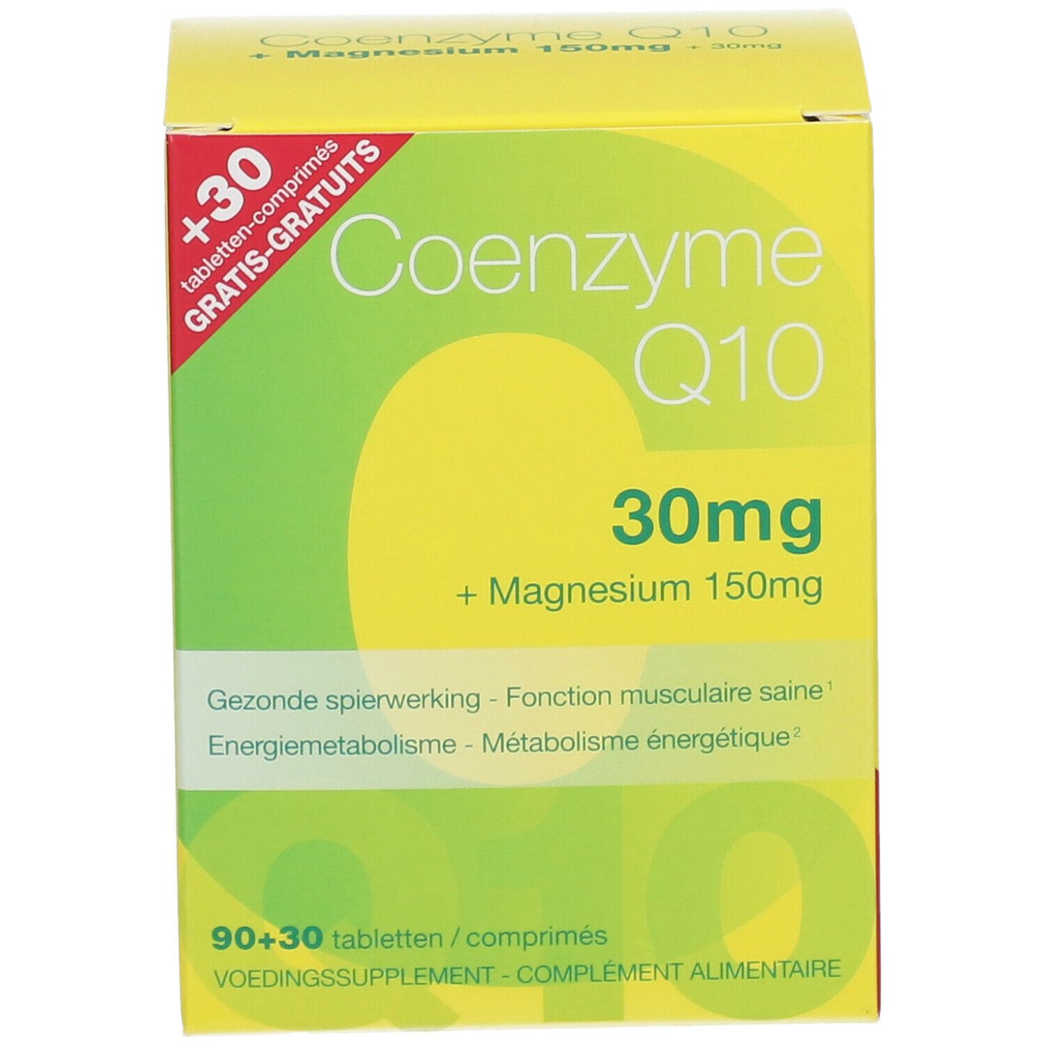 Gele doos met "Co-enzym Q10 30mg + Magnesium 150mg". Groen-witte accenten. Tekst in het Duits, Frans en Nederlands.
