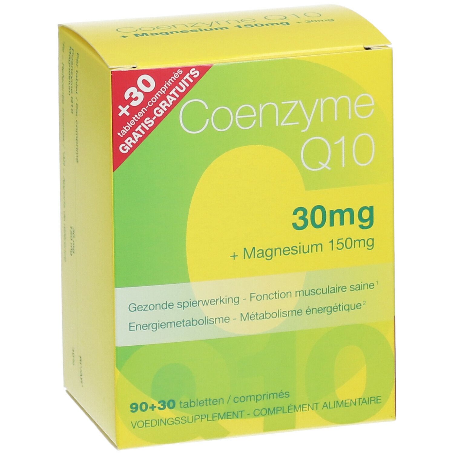 Gele doos met "Co-enzym Q10 30mg + Magnesium 150mg". Groen-witte accenten. Tekst in het Duits, Frans en Nederlands.