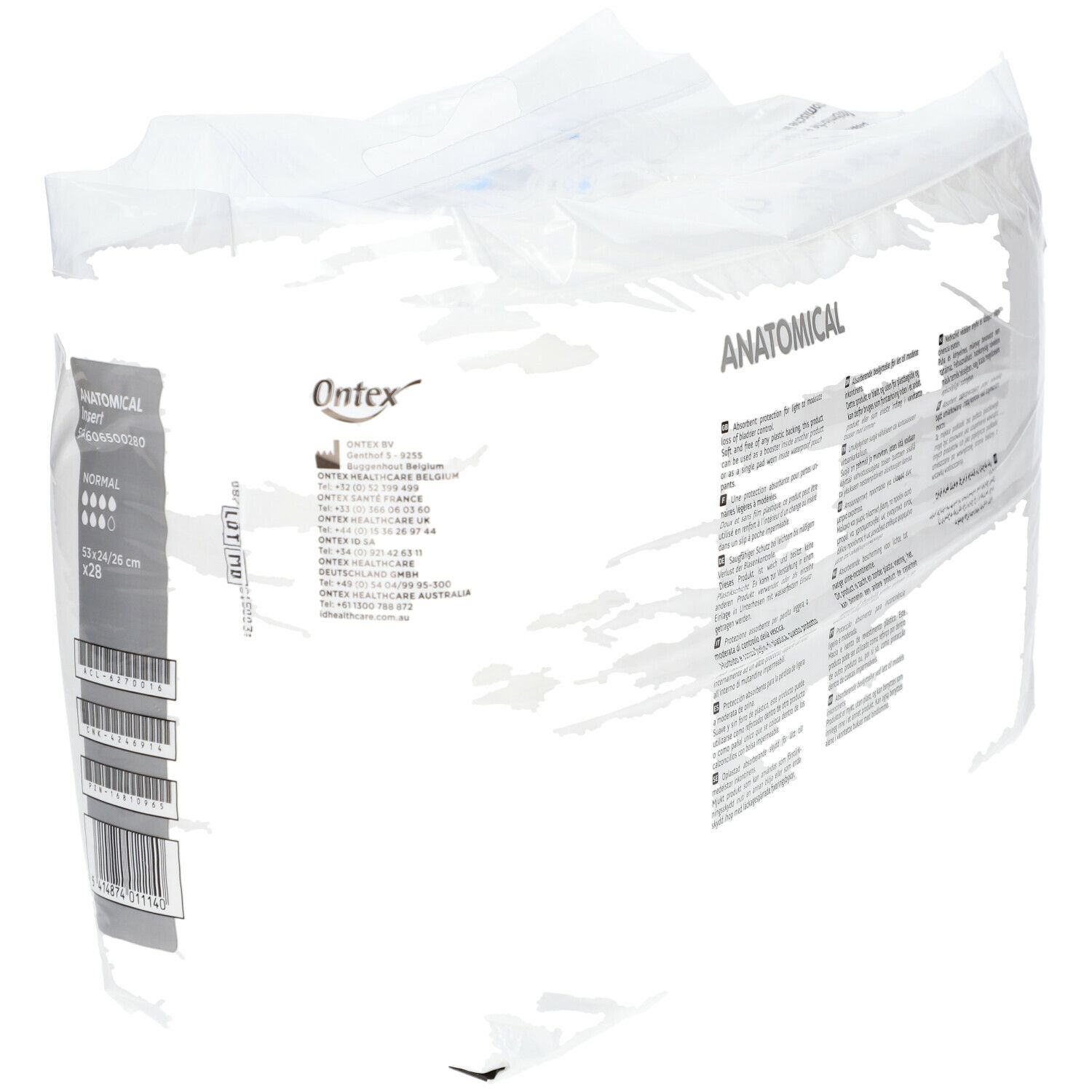 Verpakking met anatomische inlegkruisjes. Opschrift: Anatomical. Merk Ontex. Tekst in meerdere talen. Barcode.