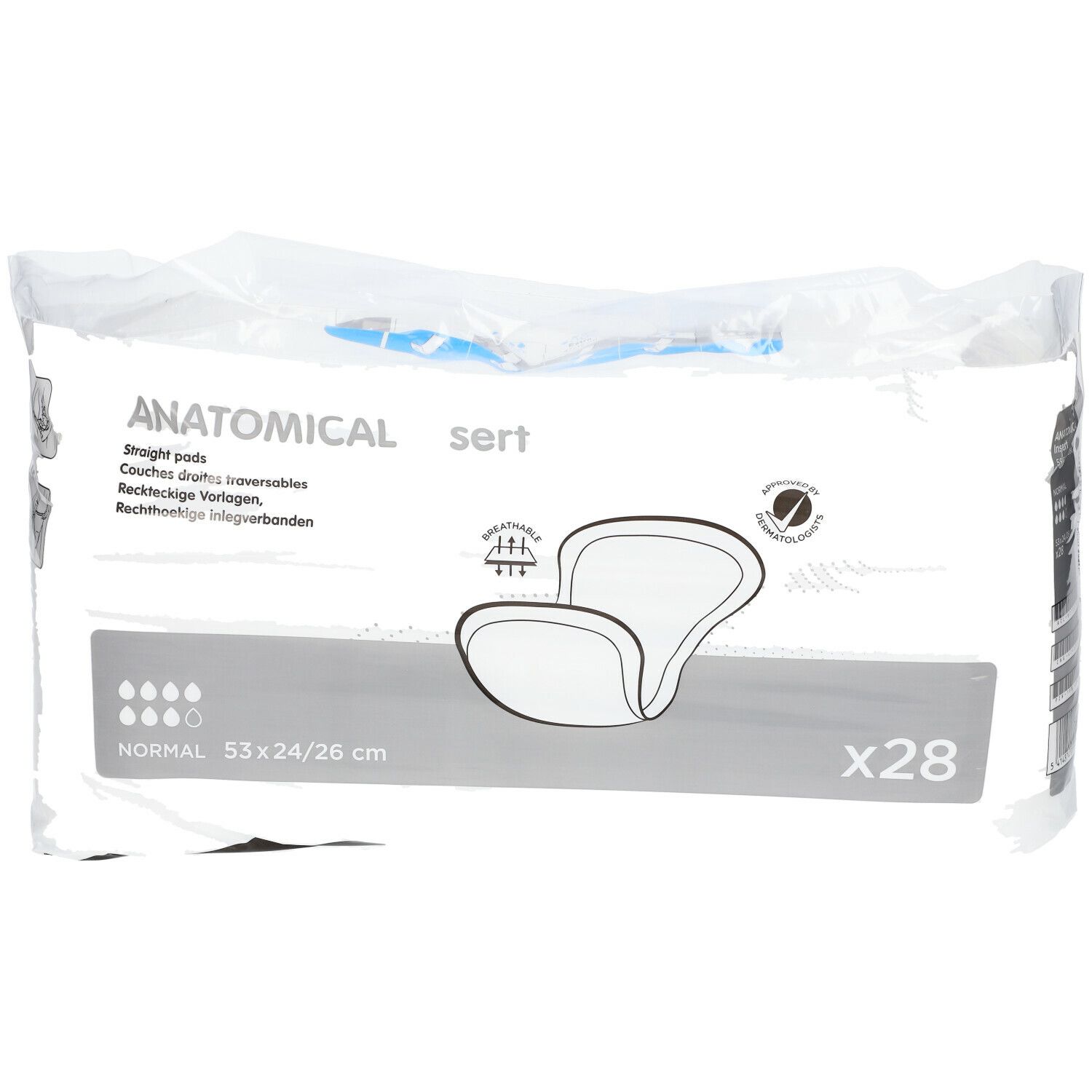 Verpakking met anatomische inlegkruisjes. Opschrift: Anatomical Insert, Normal, 53x24/26 cm, x28. Twee inlegkruisjes zichtbaar.