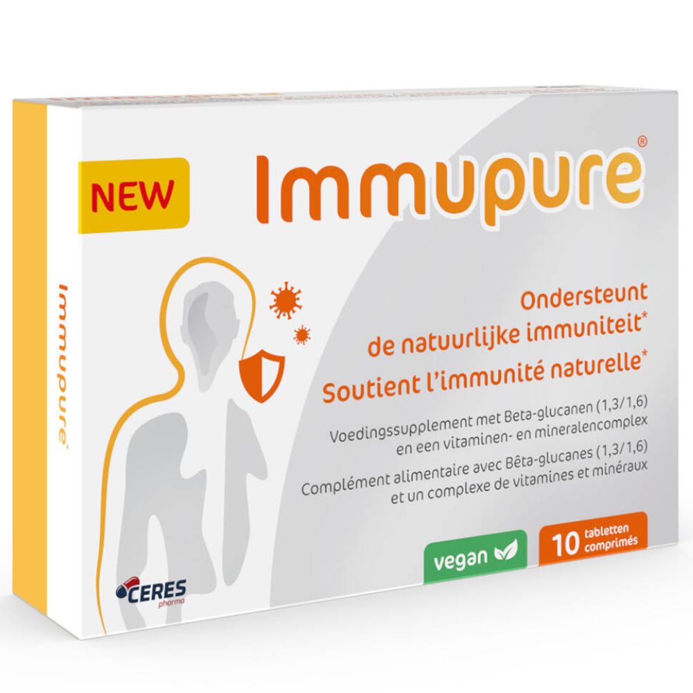 Boîte de comprimés ImmuPure. Inscription 'NEW' et '10 comprimés'. Contient bêta-glucane, vitamines et minéraux. Label végan.