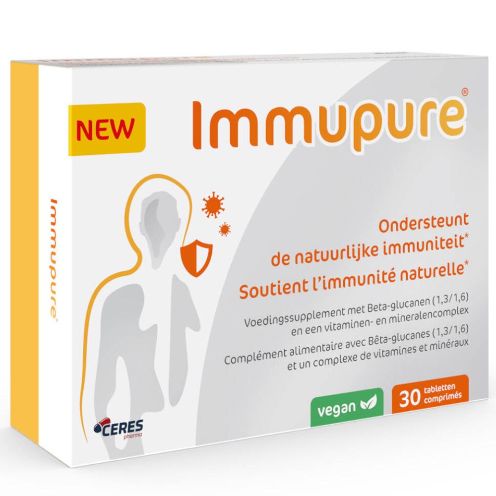 Doosje ImmuPure tabletten. Opschrift "NEW". Bevat 30 tabletten. Vegan keurmerk.