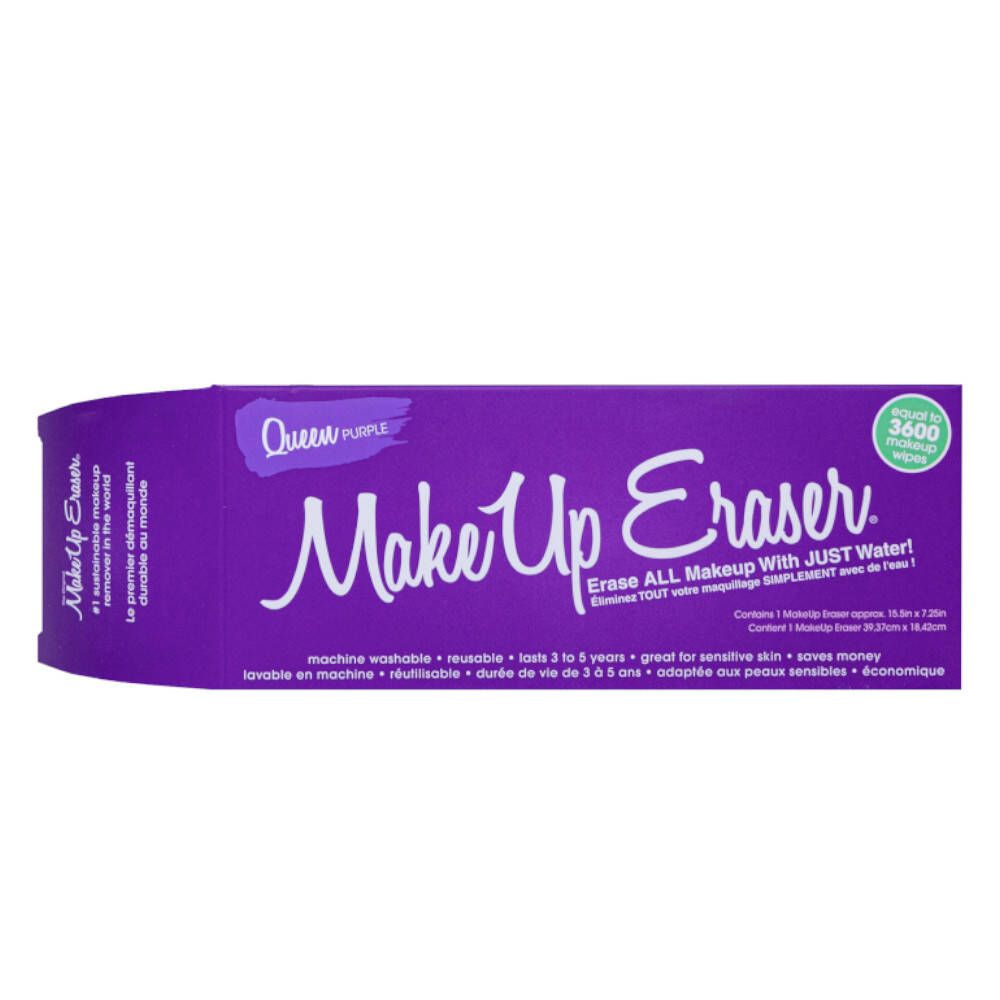 Paarse verpakking met productnaam en tekst. Bevat een Make-Up Eraser. Wasbaar, herbruikbaar, voor de gevoelige huid.