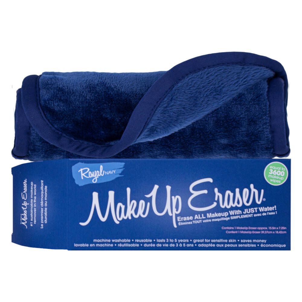 Make Up Eraser bleu marine avec emballage. Emballage avec nom du produit et texte. Tissu en matière douce.