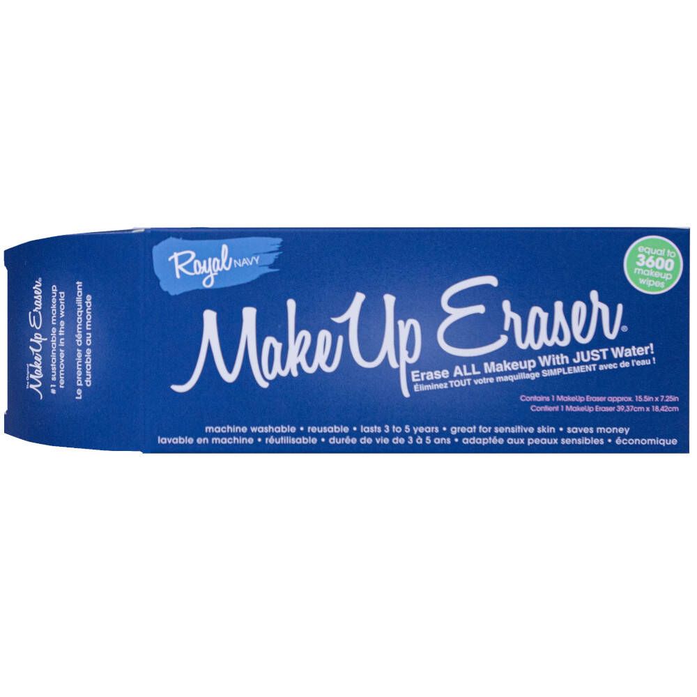 Emballage pour Make Up Eraser. Bleu, avec nom du produit et texte. Contient des informations sur le produit et ses caractéristiques.