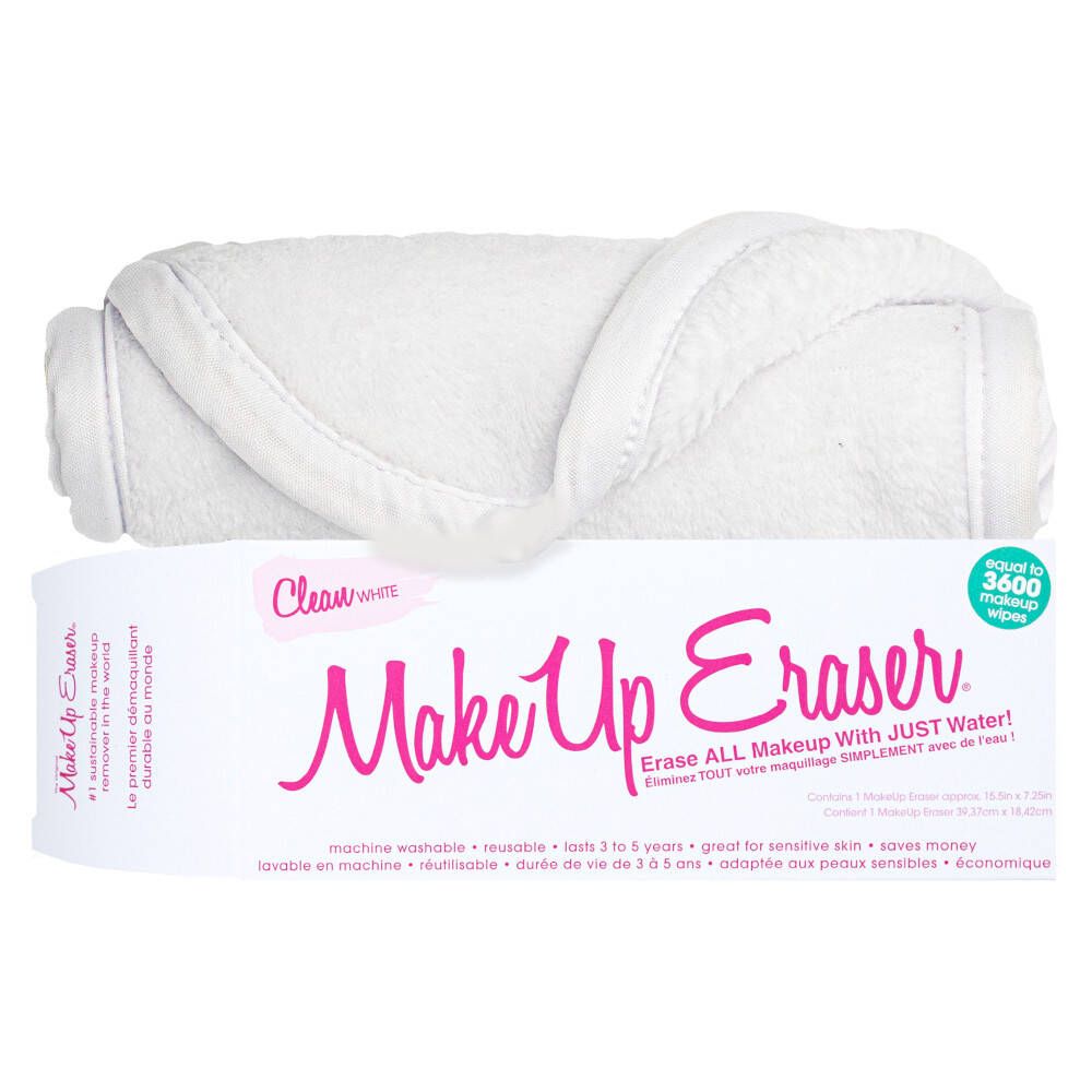 Witte Make Up Eraser doek en verpakking. Verpakking met productnaam en tekst. Doek opgerold.