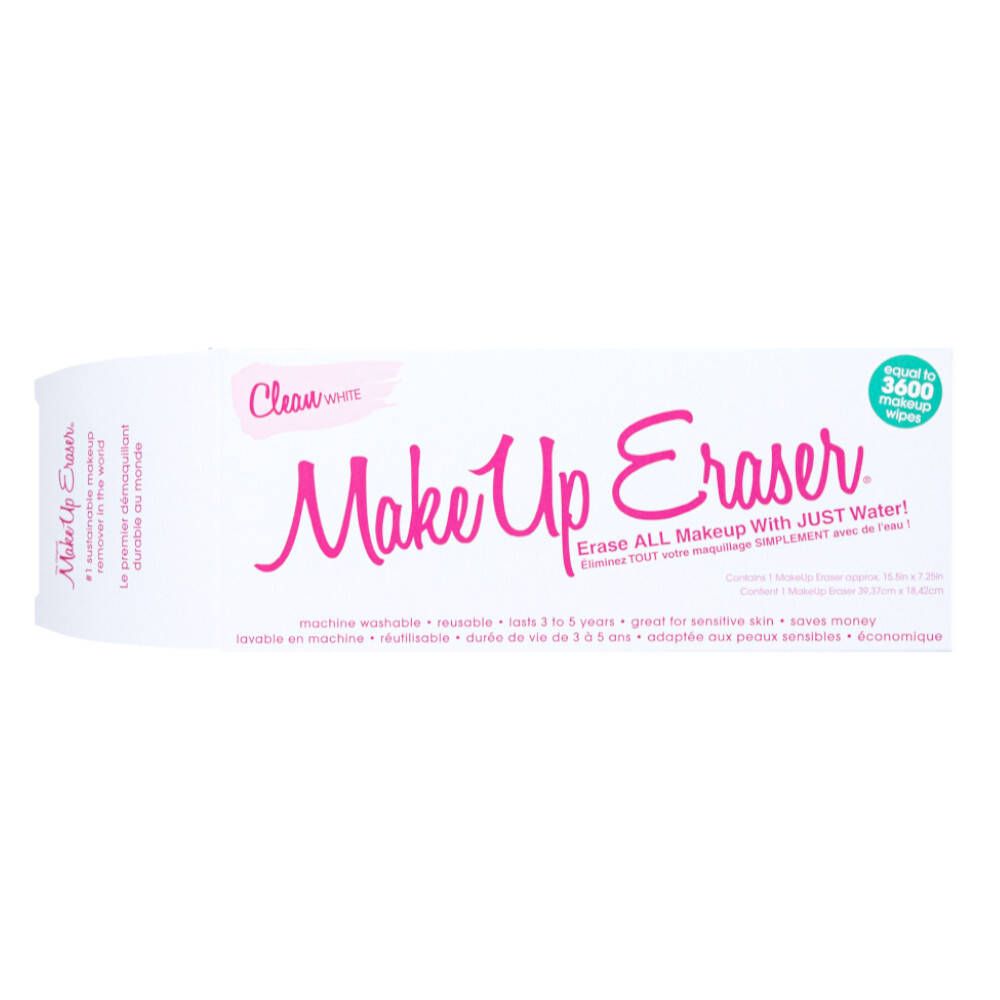 Verpakking met productnaam Make Up Eraser. Tekst: Erase ALL Makeup With JUST Water! Bevat ongeveer 3600 make-up doekjes.