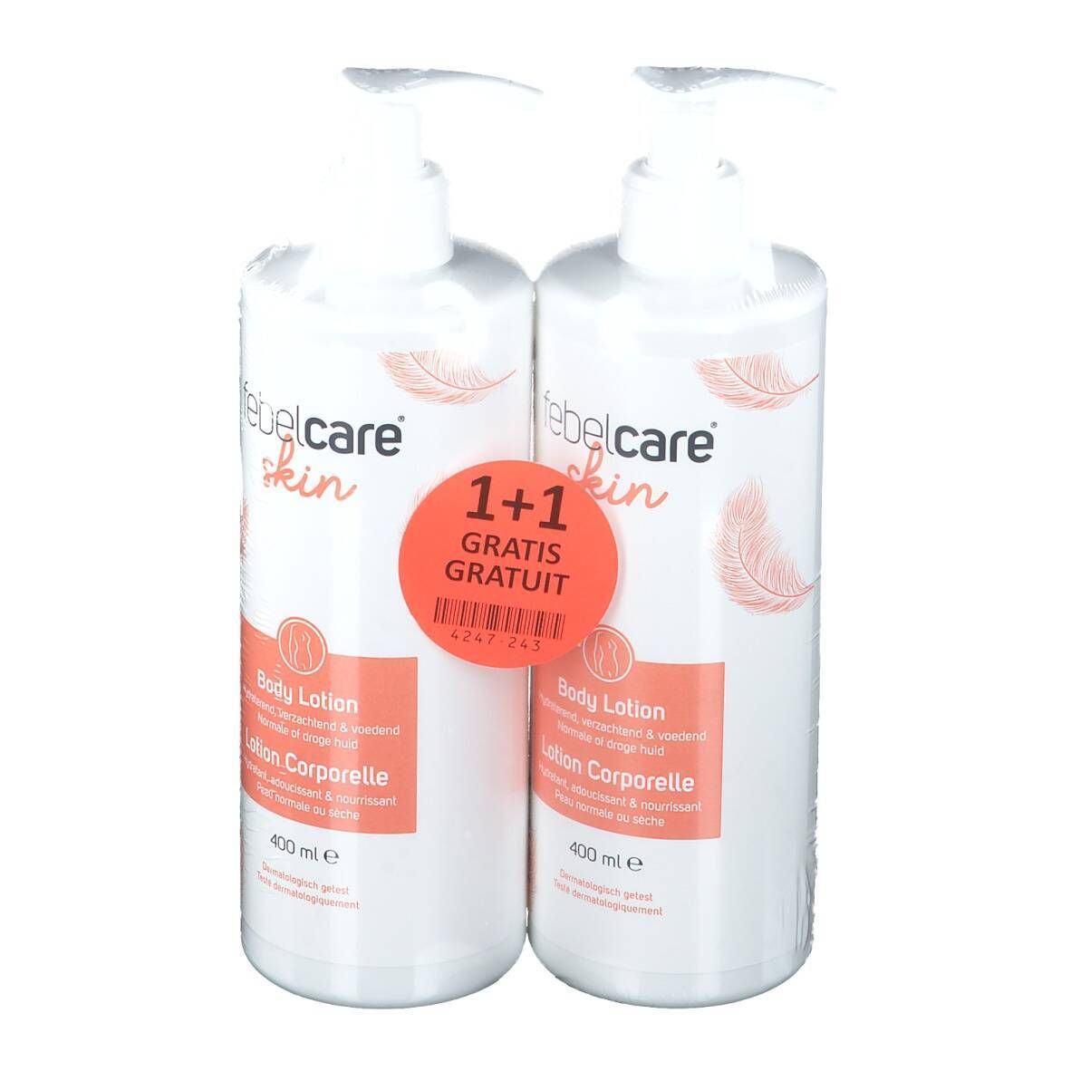 Twee flessen febelcare® huidlotion met pomp. Sticker: 1+1 gratis.