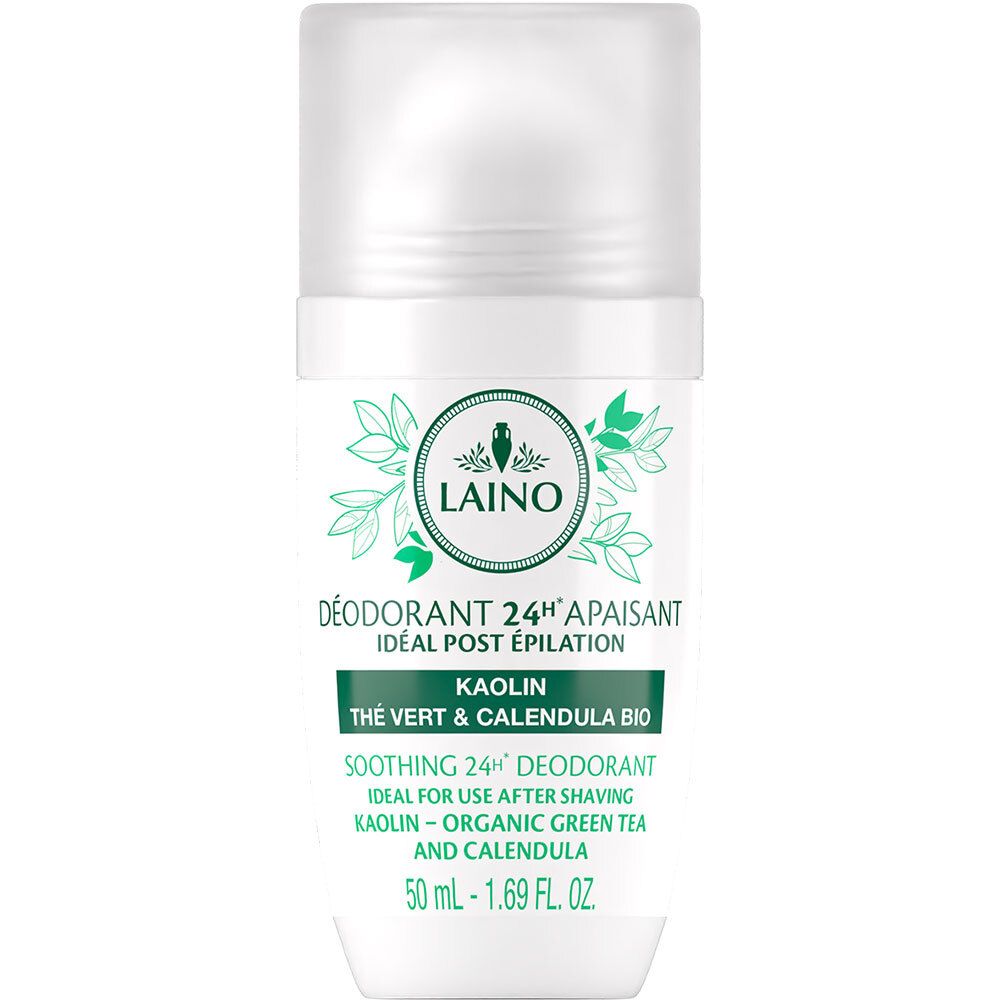 Déodorant roll-on blanc avec détails verts. Inscriptions: Laino, Déodorant 24h apaisant, idéal post épilation. Contient kaolin, thé vert et calendula.