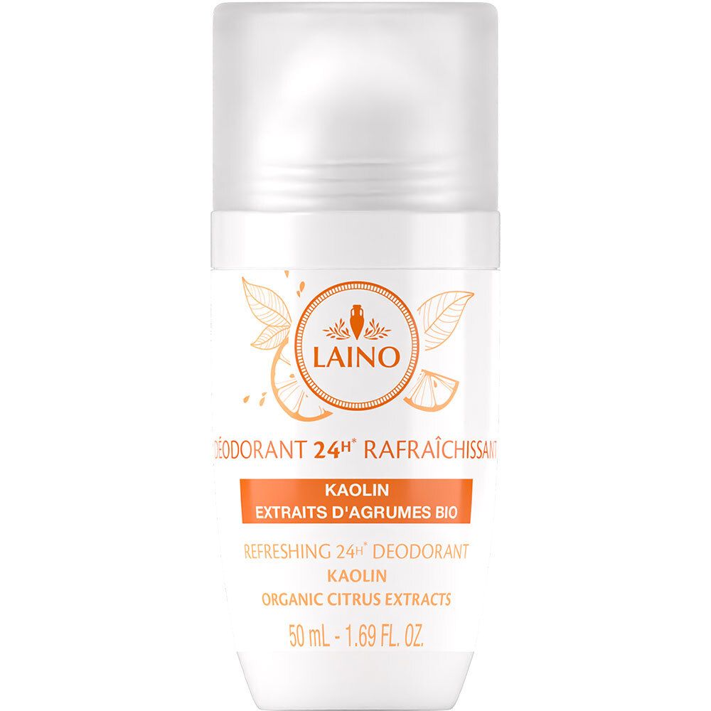 Witte roll-on deodorant met dop. Opschrift: LAINO, Deodorant 24h, citrusvruchten. Met bio citrus extracten. 50 ml.