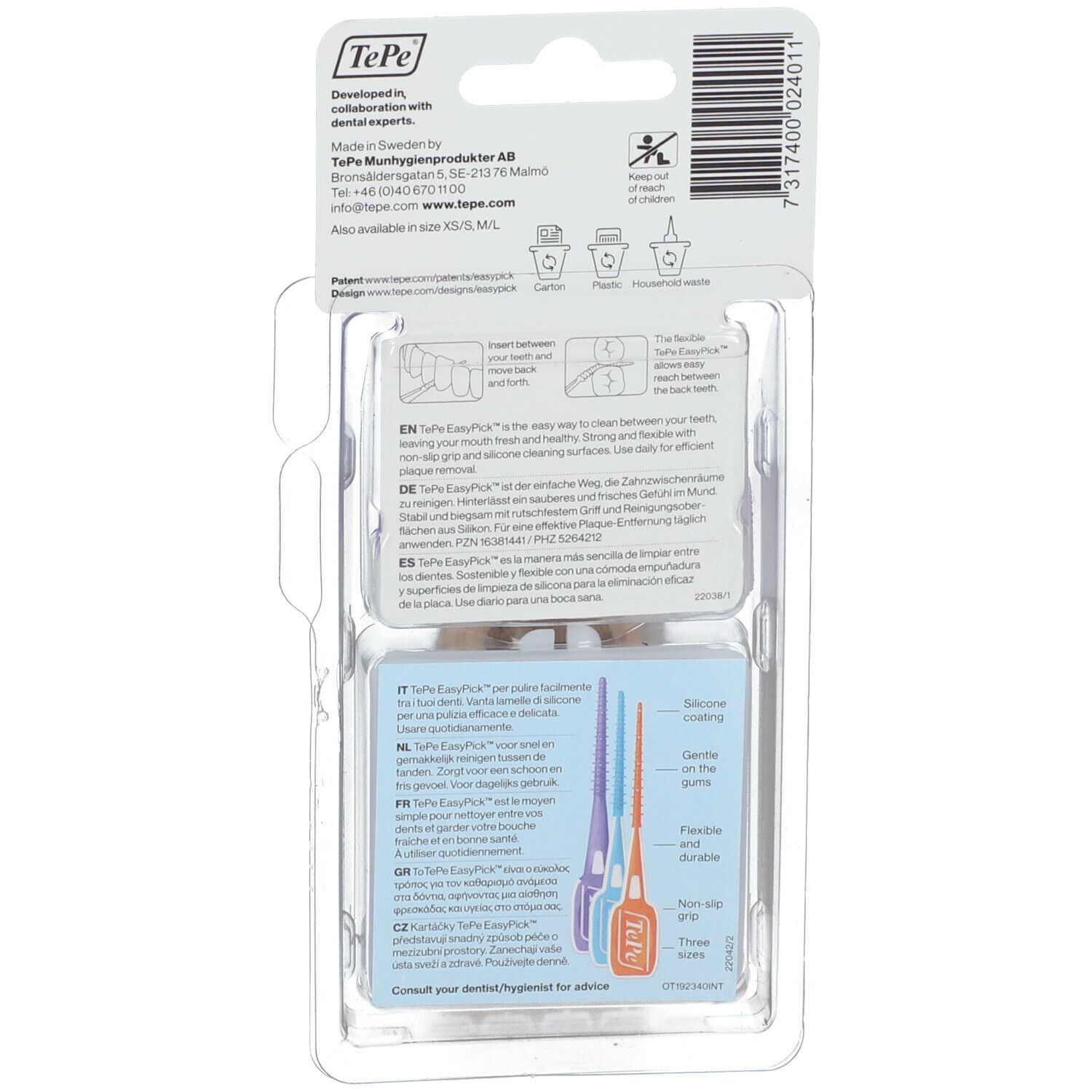 Rückseite der TePe EasyPick Extra Large Verpackung. Produktinformationen und Illustrationen. Barcode.