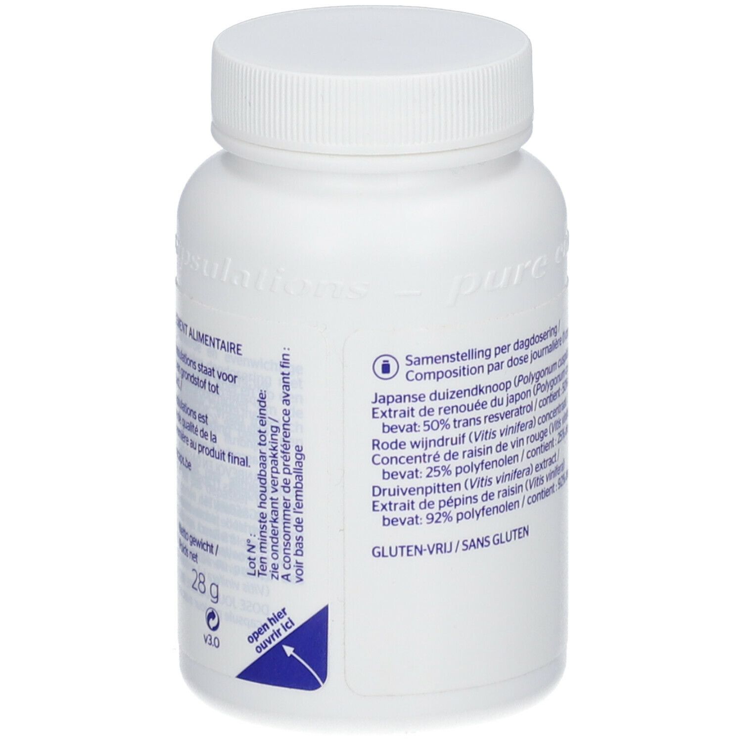 Achterkant van een witte fles. Ingrediëntenlijst, houdbaarheidsdatum en gewicht: 28 g. Glutenvrij.