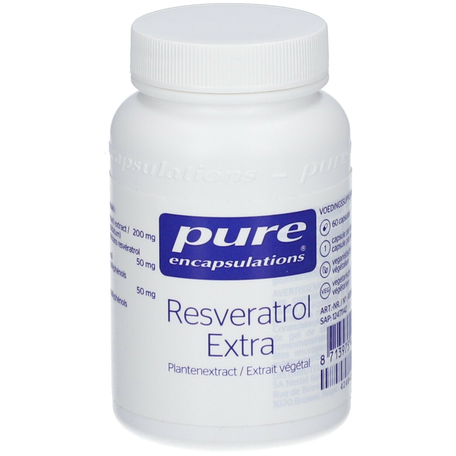 Witte fles met blauw etiket. Opschrift: pure encapsulations® Resveratrol Extra. 60 capsules.