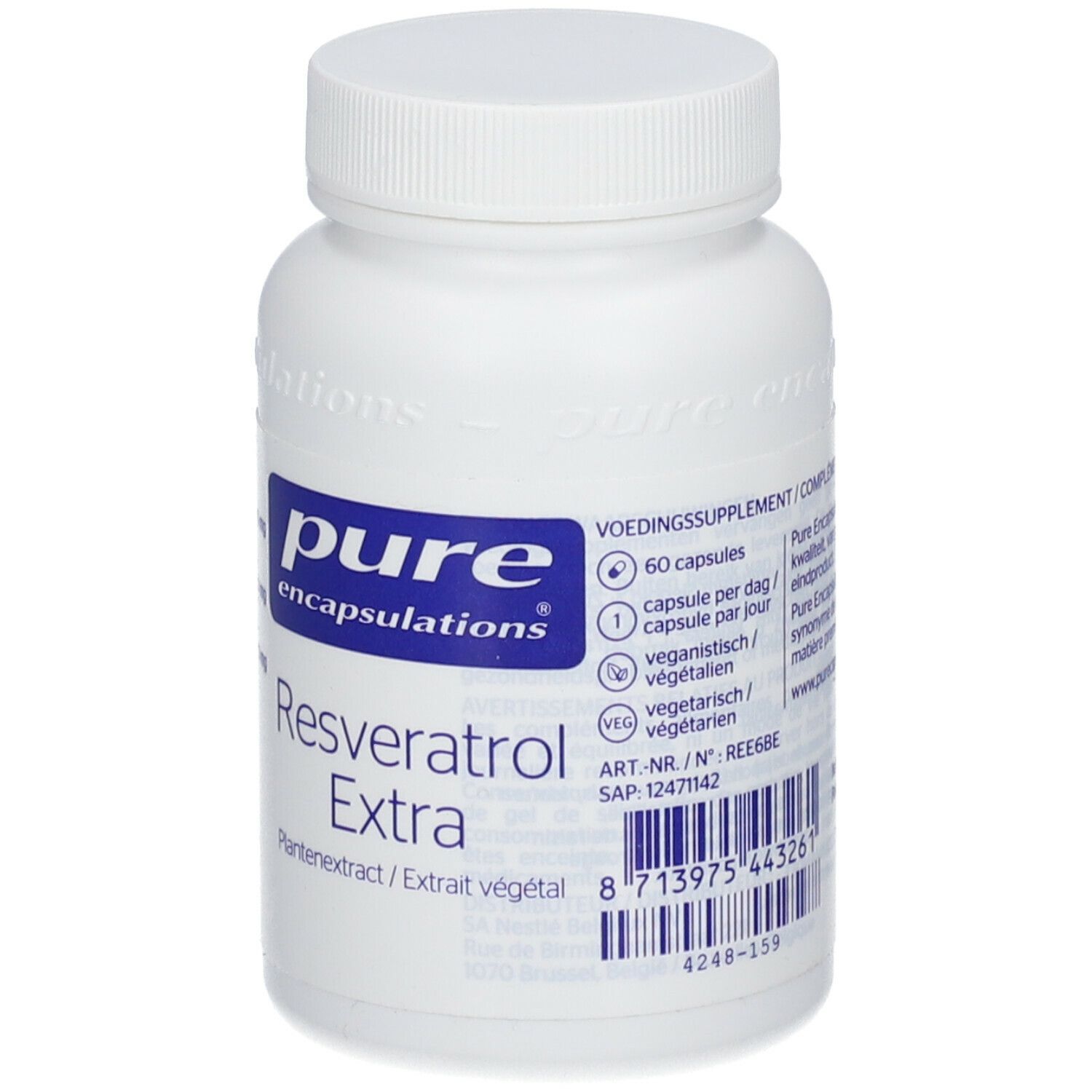 Witte fles met blauw etiket. Opschrift: pure encapsulations® Resveratrol Extra. 60 capsules.