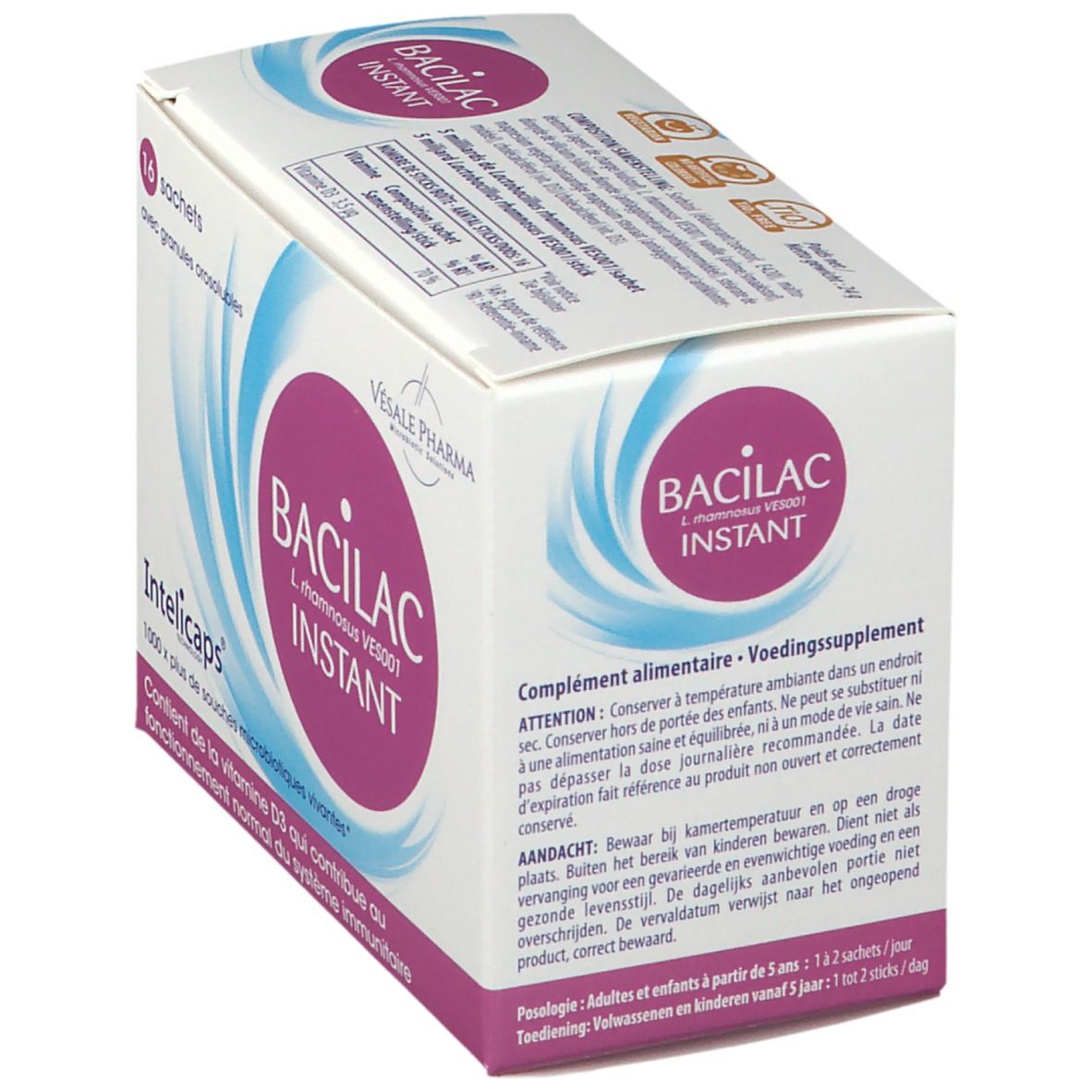 Doos BACILAC INSTANT. Bevat 16 zakjes. Bevat vitamine D3. Merk Vesale Pharma. Tekst in het Frans en Nederlands.