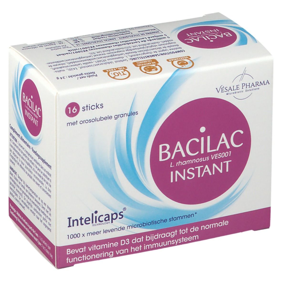 Doos BACILAC INSTANT, 16 sticks met orosoluble korrels. Bevat vitamine D3. Merk Vesale Pharma. Tekst in het Nederlands.