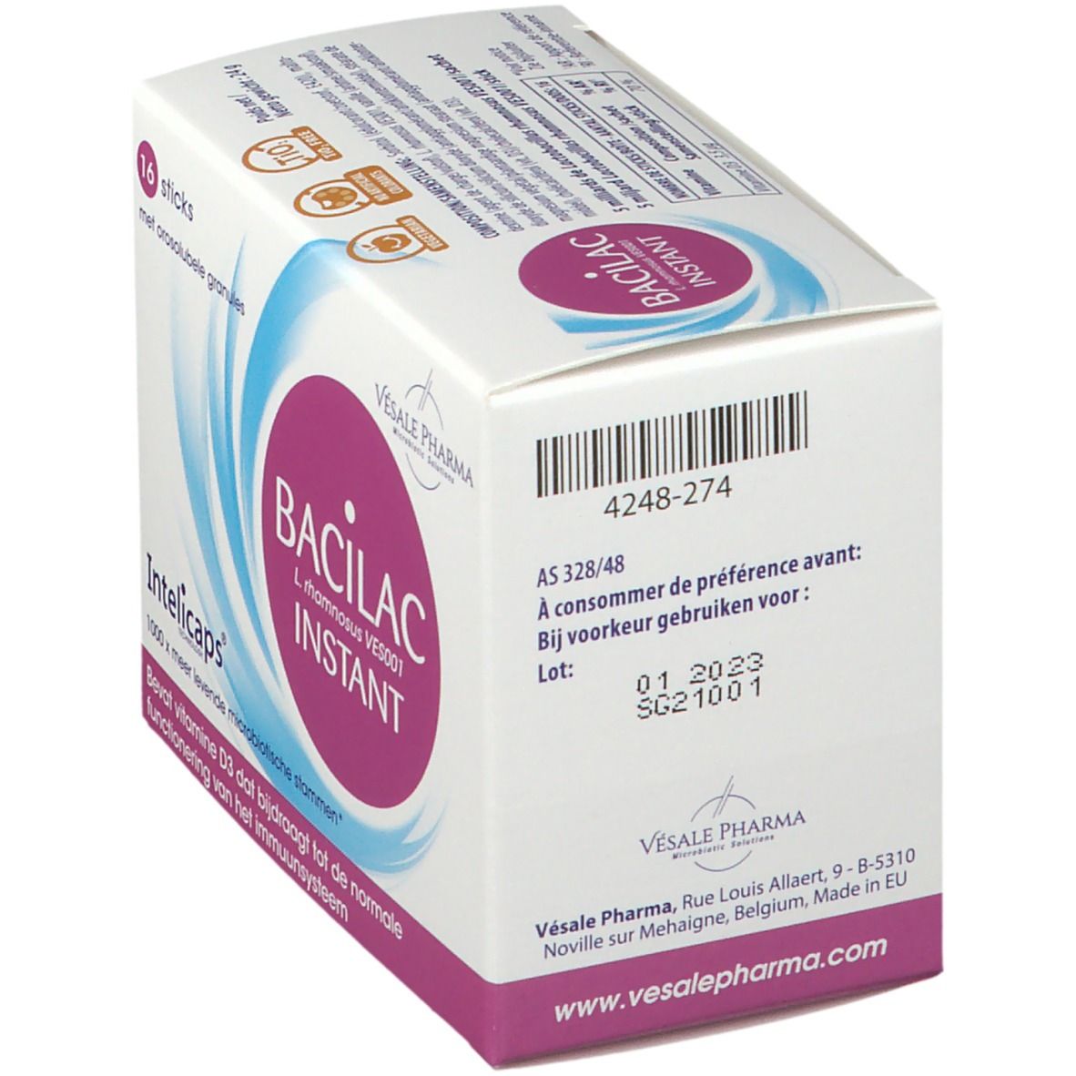 Doos BACILAC INSTANT, 16 sticks. Bevat vitamine D3. Merk Vesale Pharma. Ten minste houdbaar tot: 01.2023.