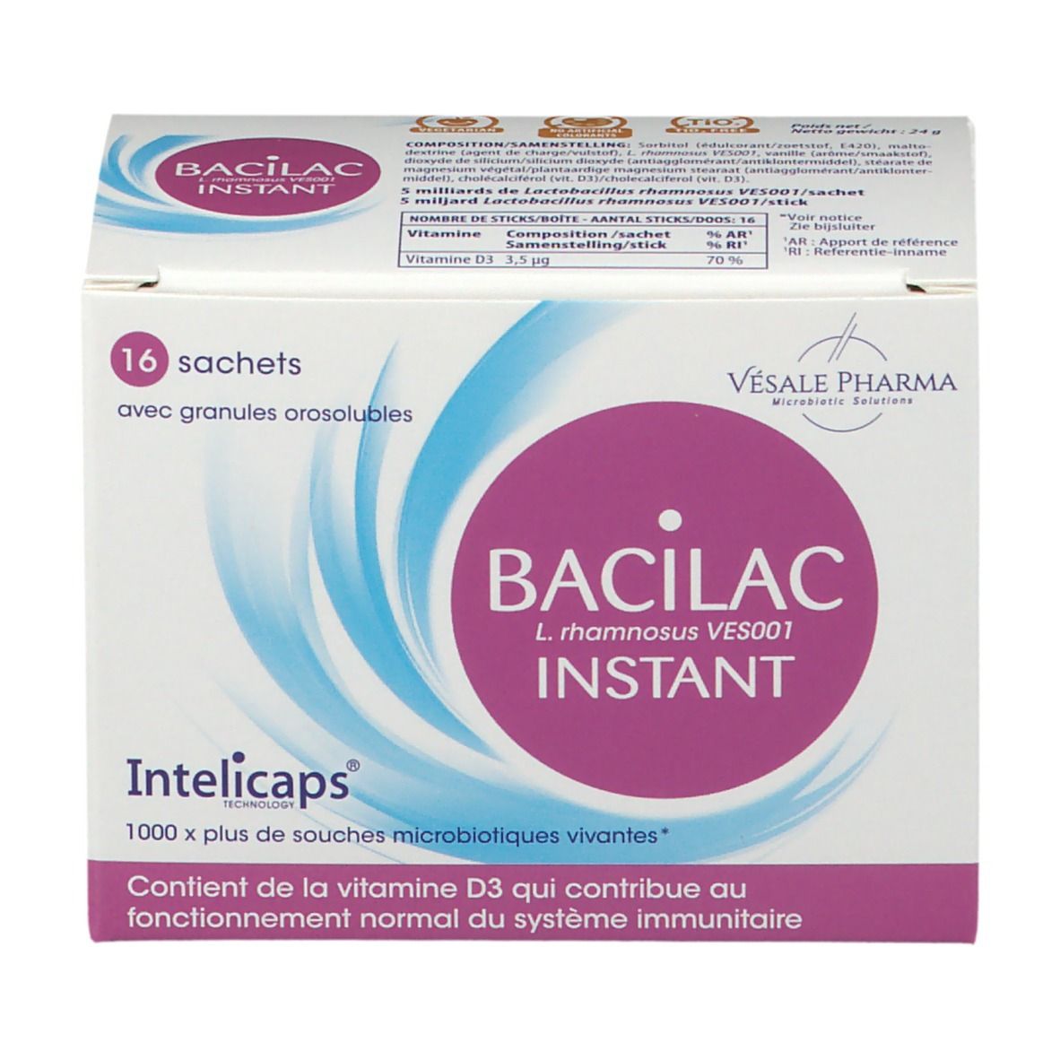 Doos BACILAC INSTANT, 16 zakjes met orosoluble korrels. Bevat vitamine D3. Merk Vesale Pharma.
