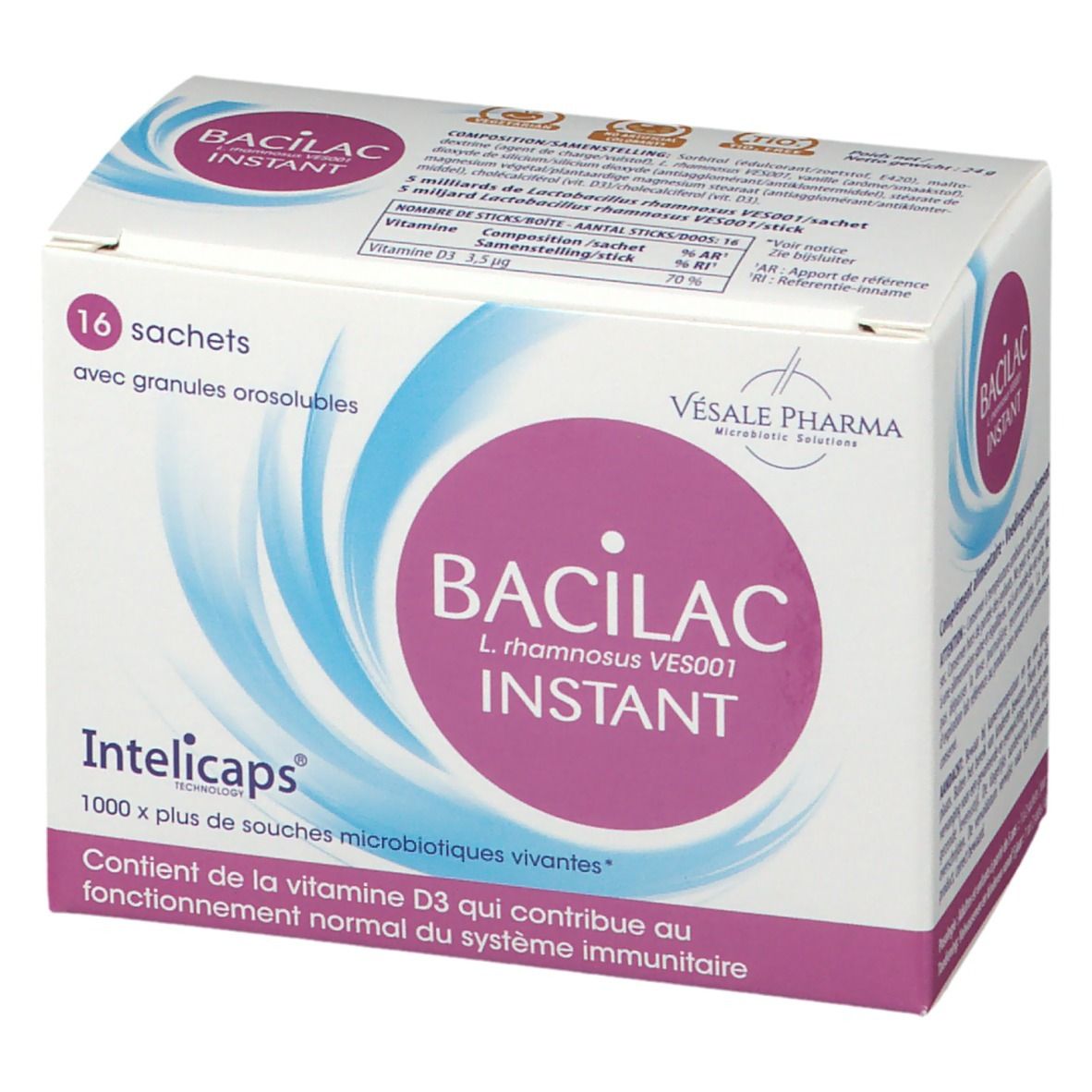 Doos BACILAC INSTANT, 16 zakjes met orosoluble korrels. Bevat vitamine D3. Merk Vesale Pharma.