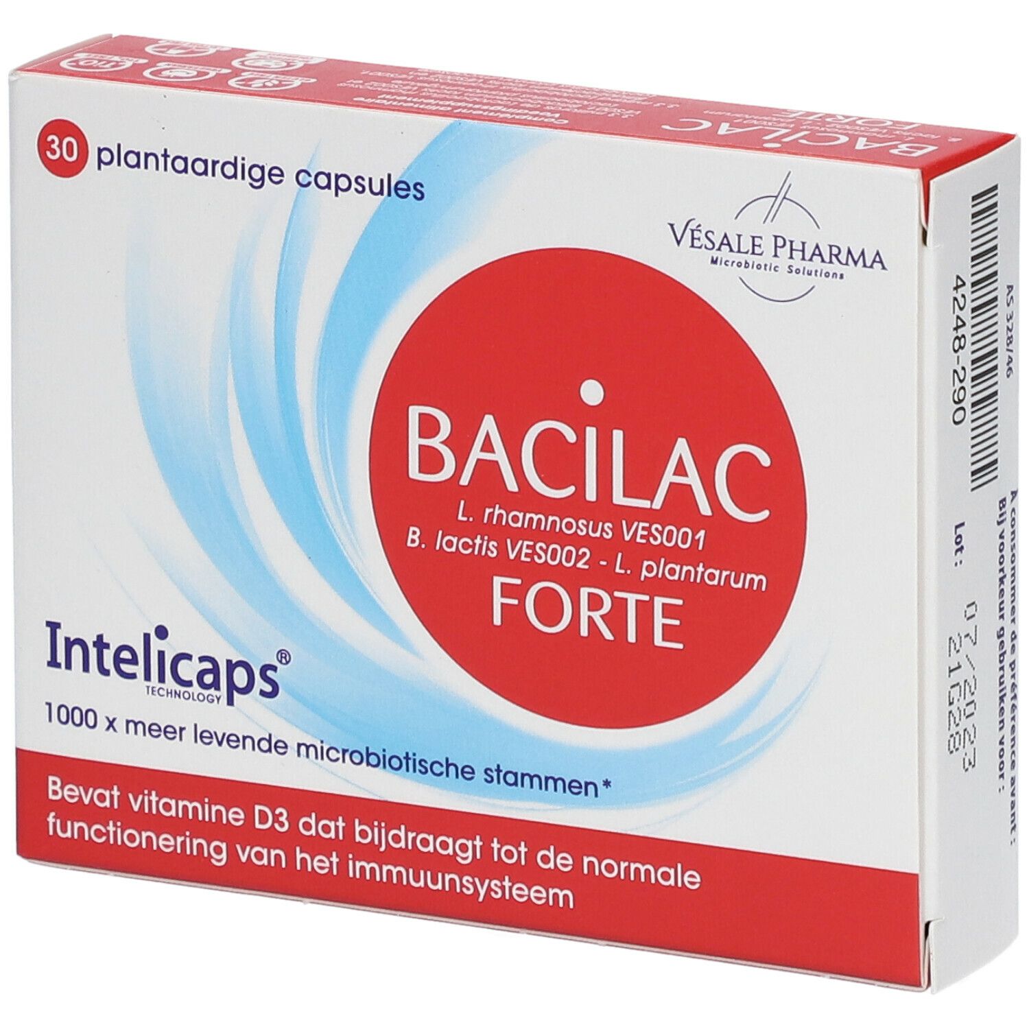 Boîte de BACILAC FORTE. Cercle rouge avec texte blanc. 30 capsules végétales. Motifs bleus et blancs en vagues.