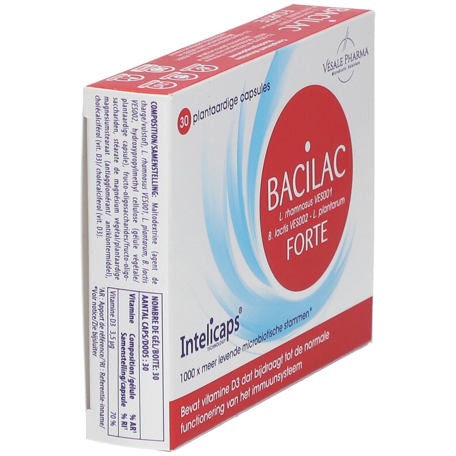 Boîte de BACILAC FORTE. Cercle rouge avec texte blanc. 30 capsules végétales. Ingrédients et composition.