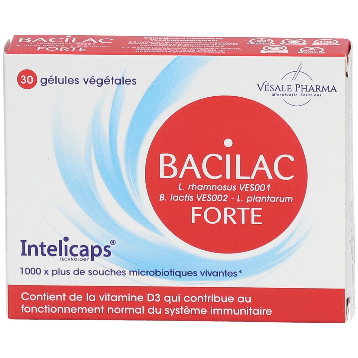 Boîte de BACILAC FORTE. Cercle rouge avec texte blanc. 30 gélules végétales. Motifs bleus et blancs en vagues.