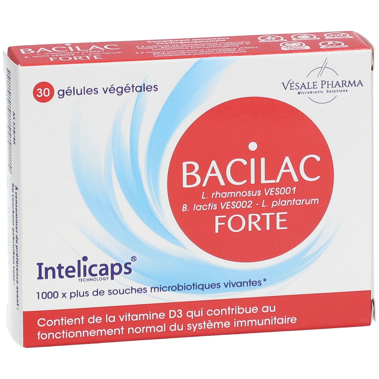 Boîte de BACILAC FORTE. Cercle rouge avec texte blanc. 30 gélules végétales. Motifs bleus et blancs en vagues.