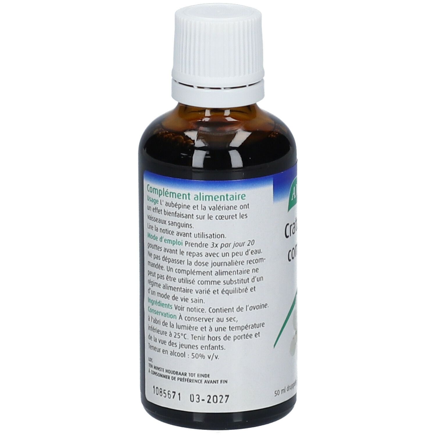 Bruine glazen fles met witte dop. Etiket met productinformatie. A.Vogel Crataegus complex.