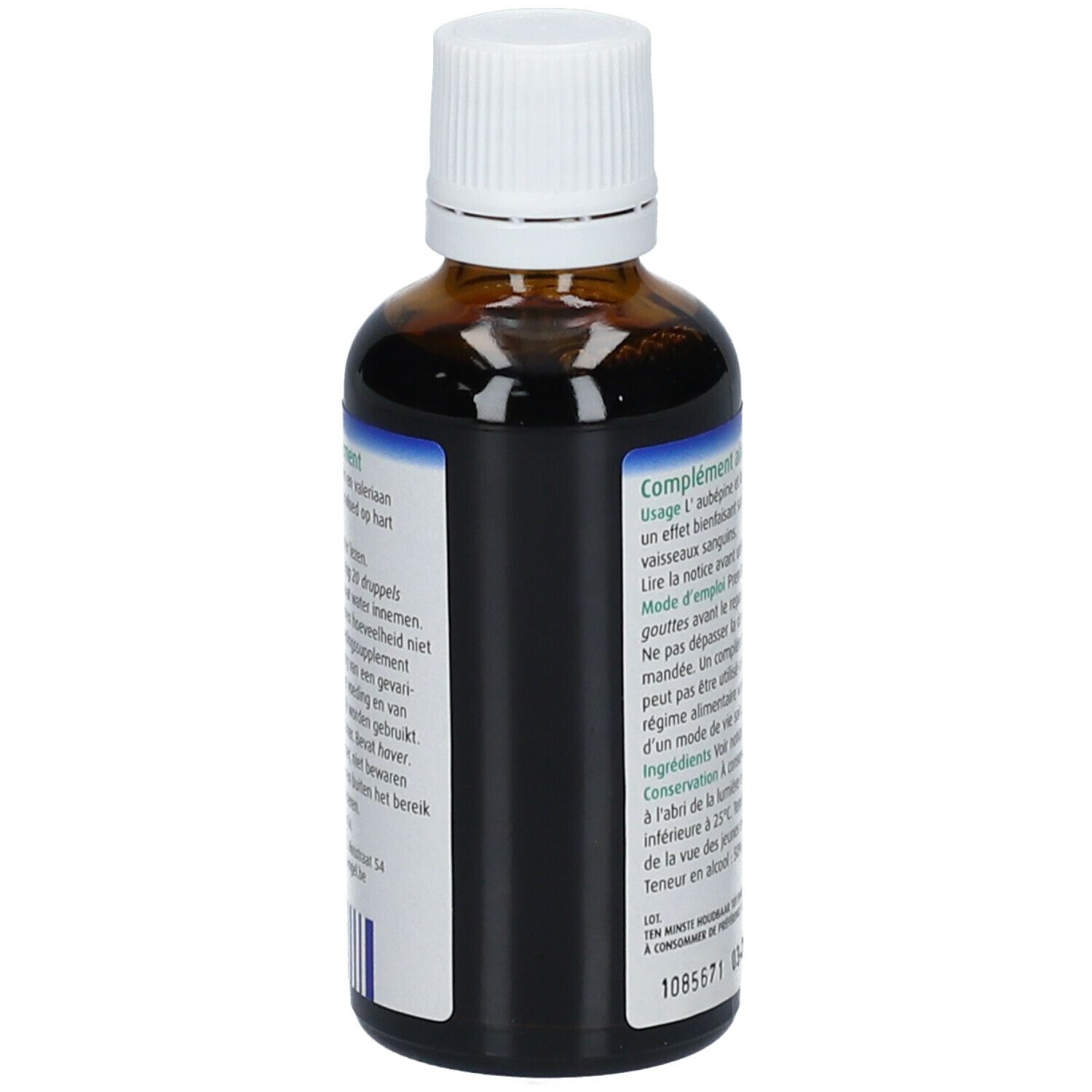 Bruine glazen fles met witte dop. Etiket met productinformatie. A.Vogel Crataegus complex.