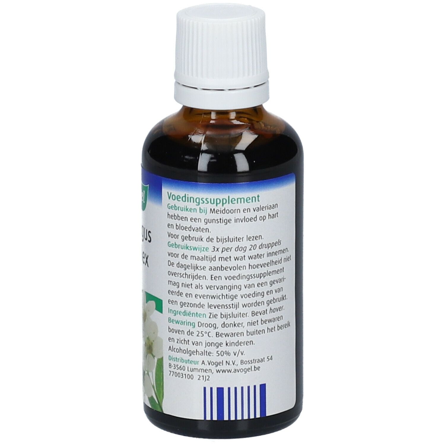 Bruine glazen fles met witte dop. Etiket met productinformatie. A.Vogel Crataegus complex.