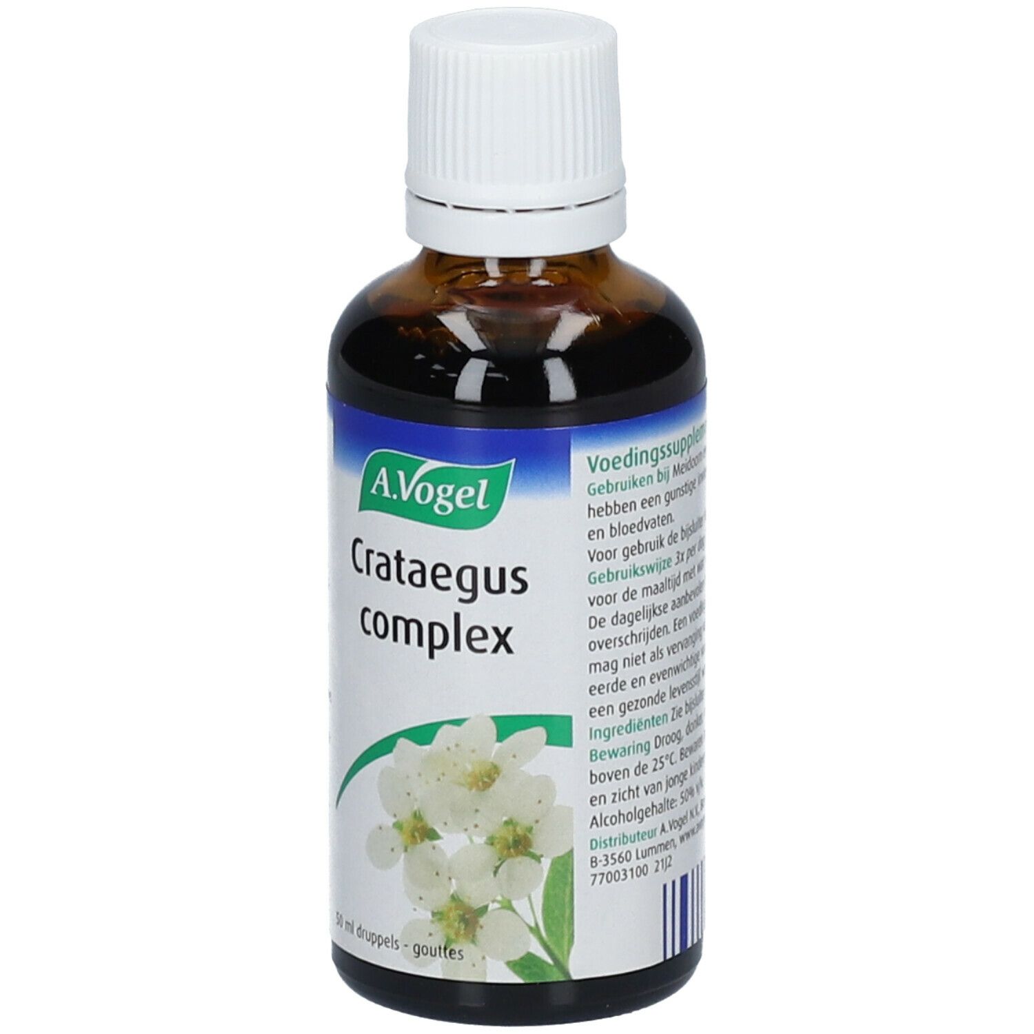 Bruine glazen fles met witte dop. Etiket met productnaam en bloemenafbeelding. A.Vogel Crataegus complex.