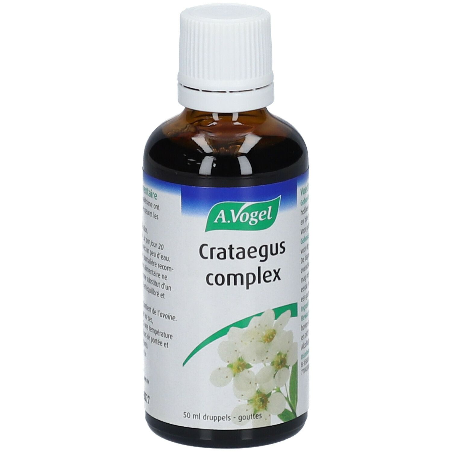 Bruine glazen fles met witte dop. Etiket met productinformatie. A.Vogel Crataegus complex.