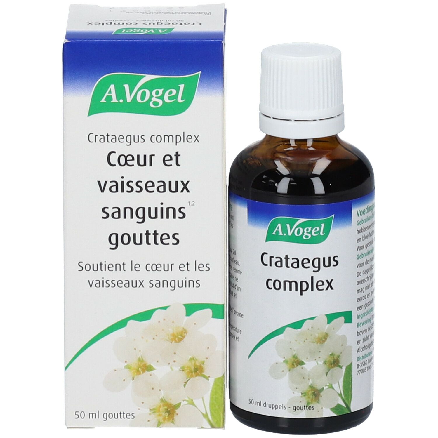 A.Vogel Crataegus complex fles en doos. Doos met productnaam en bloemenafbeelding.