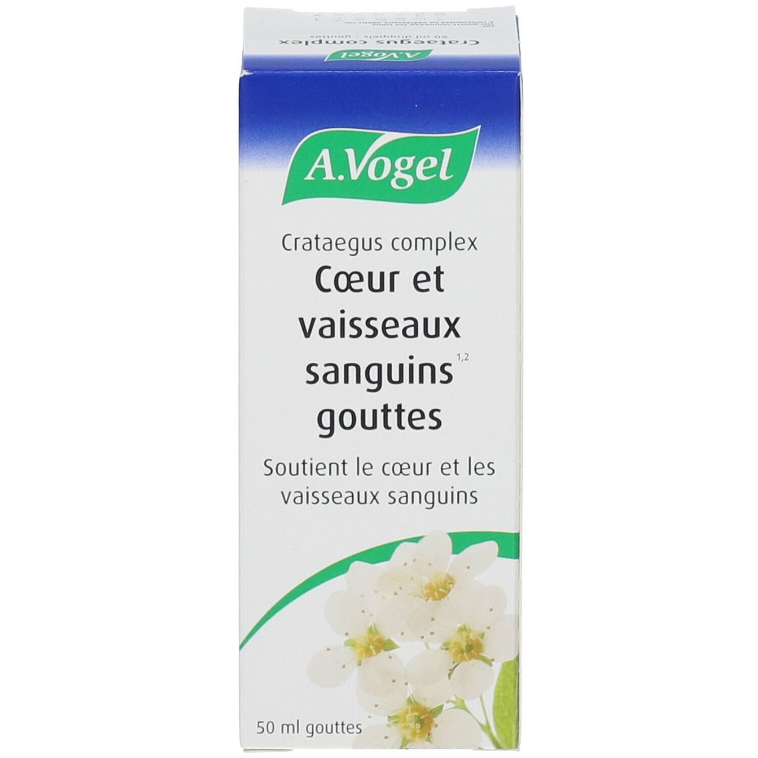 Doos met productnaam en bloemenafbeelding. A.Vogel Crataegus complex. Tekst: Cœur et vaisseaux sanguins.