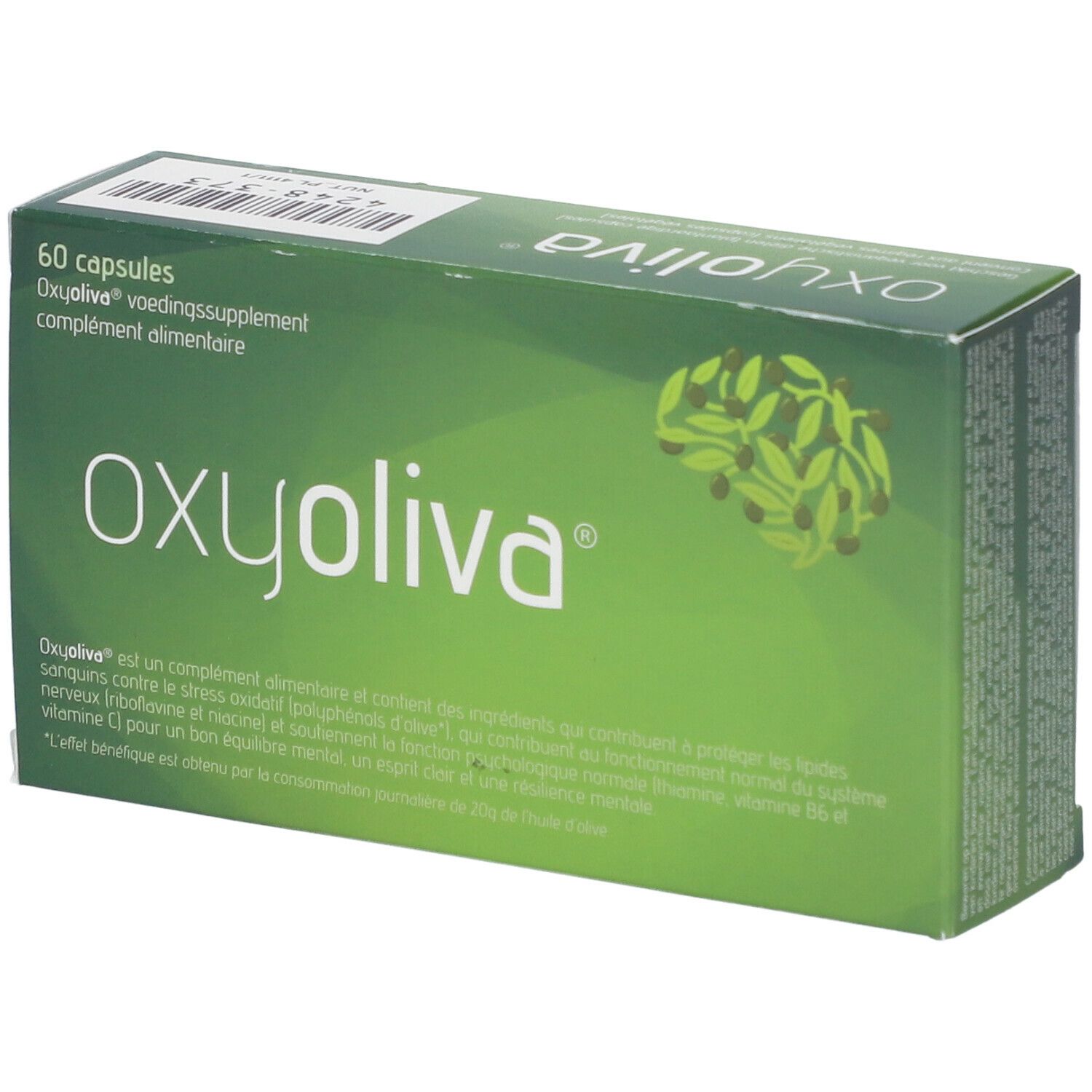 Boîte verte "Oxyoliva" avec logo et texte. Contient 60 capsules. Illustration d'un cerveau avec des feuilles d'olivier.