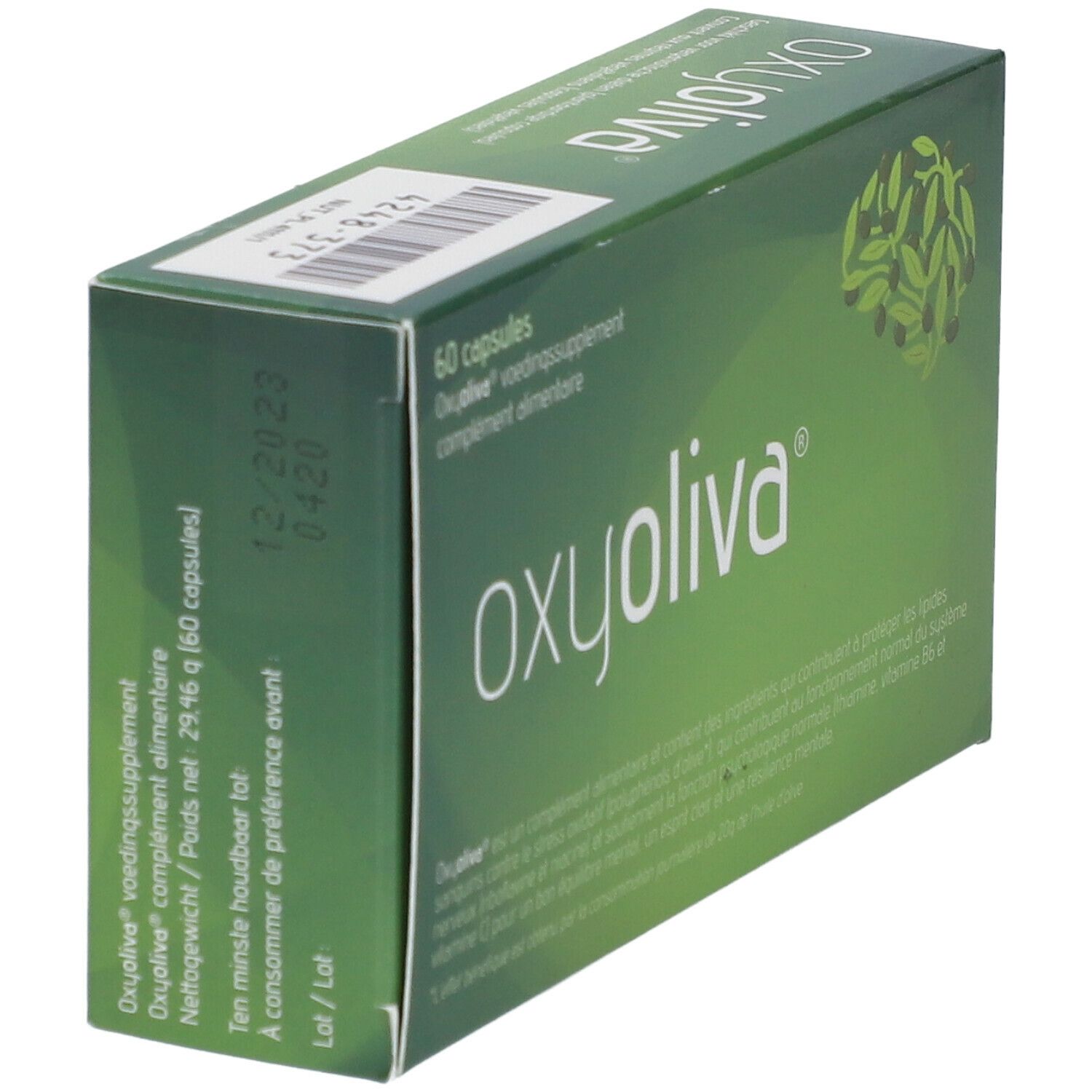 Boîte verte "Oxyoliva" avec texte et code-barres. Contient 60 capsules. Vue latérale de l'emballage.