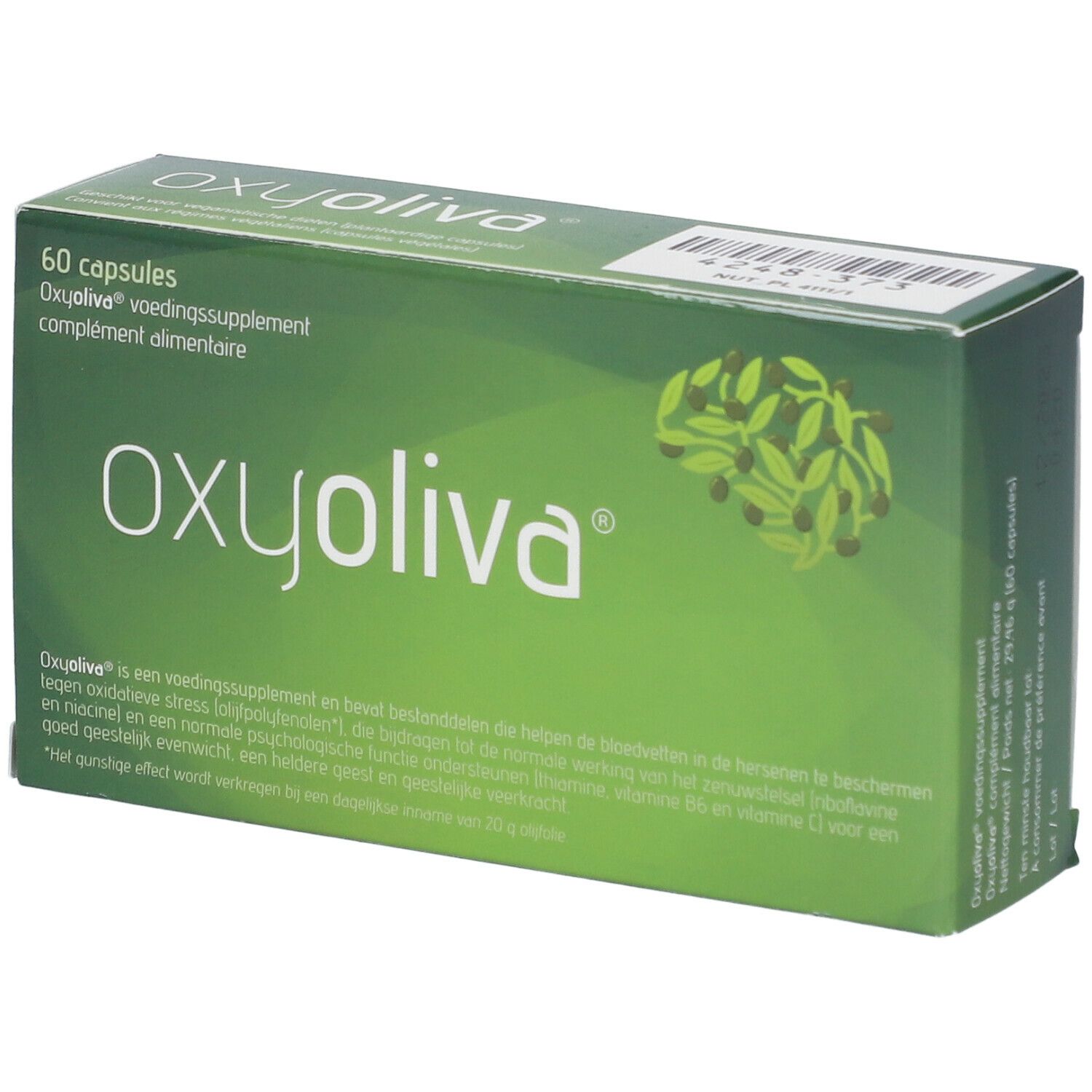 Boîte verte "Oxyoliva" avec texte et logo. Contient 60 capsules. Illustration d'un cerveau avec des feuilles d'olivier.
