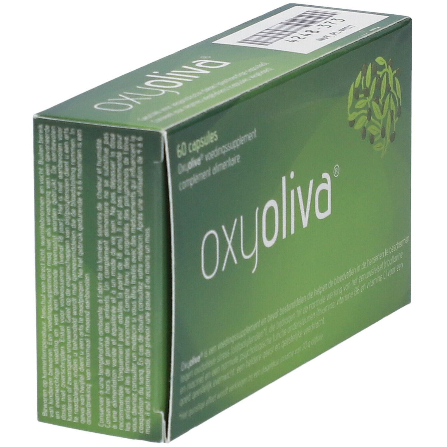 Boîte verte "Oxyoliva" avec texte. Contient 60 capsules. Vue oblique de l'emballage.