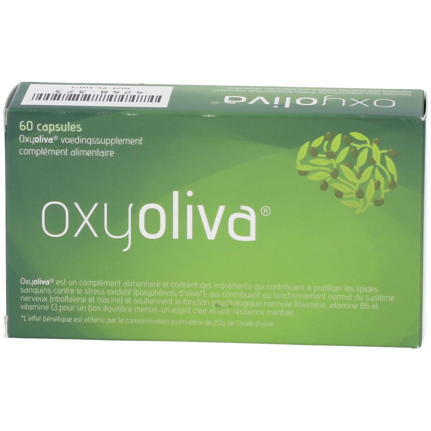 Boîte verte "Oxyoliva" avec texte et logo. Contient 60 capsules. Illustration d'un cerveau avec des feuilles d'olivier.