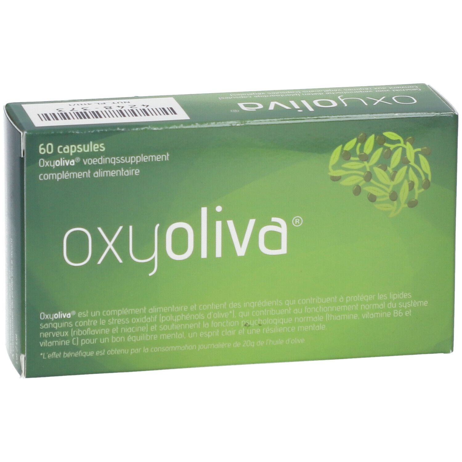 Boîte verte "Oxyoliva" avec texte et logo. Contient 60 capsules. Illustration d'un cerveau avec des feuilles d'olivier.