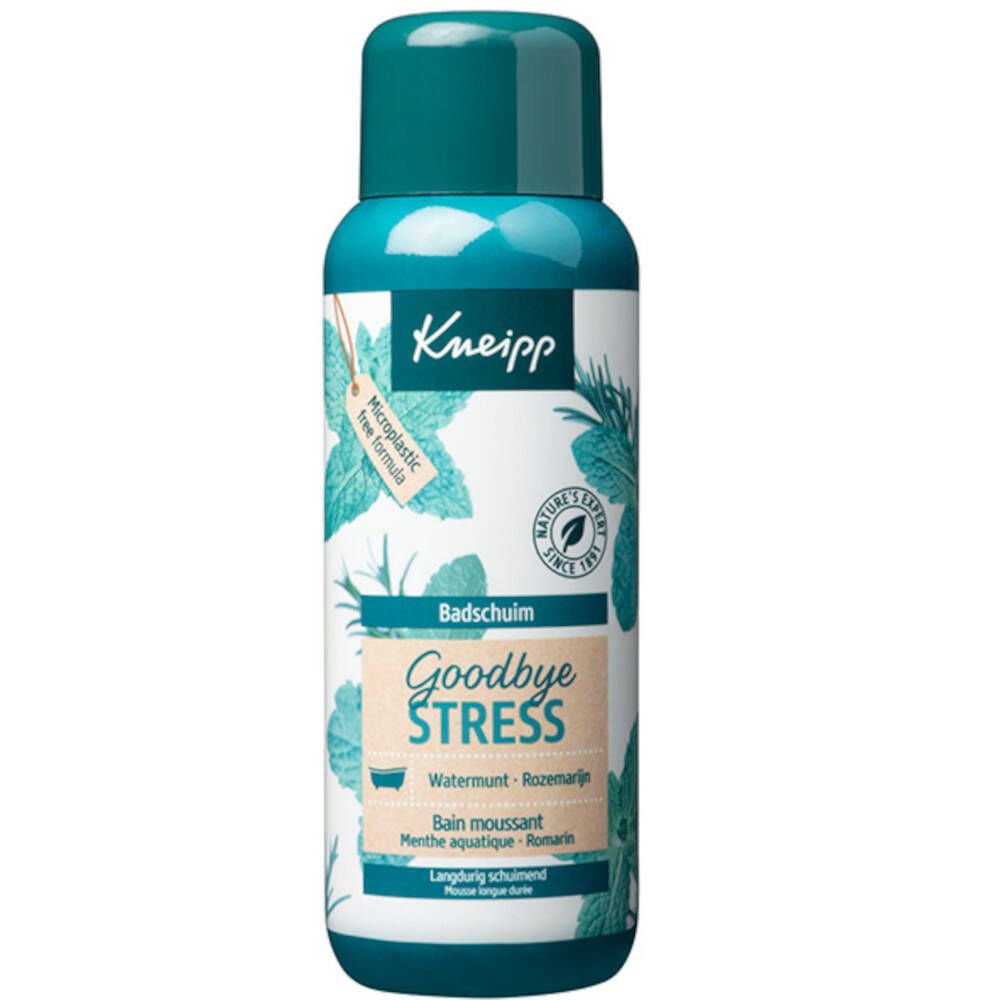 Bain moussant Kneipp® Goodbye Stress. Bouteille avec bouchon vert. Inscription: Goodbye Stress, menthe aquatique-romarin.