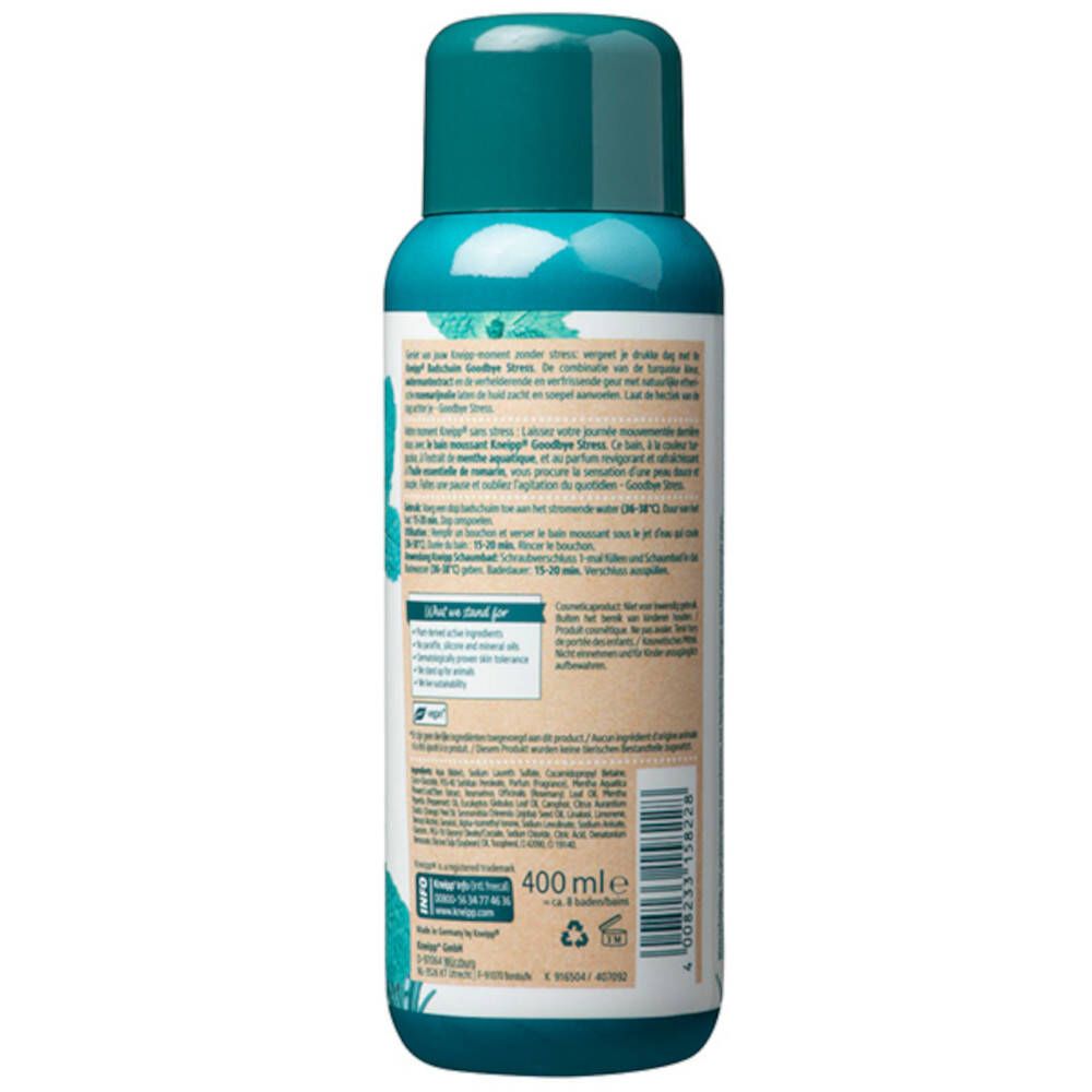 Dos de la bouteille de bain moussant Kneipp® Goodbye Stress. Informations textuelles, ingrédients, mode d'emploi, 400 ml.