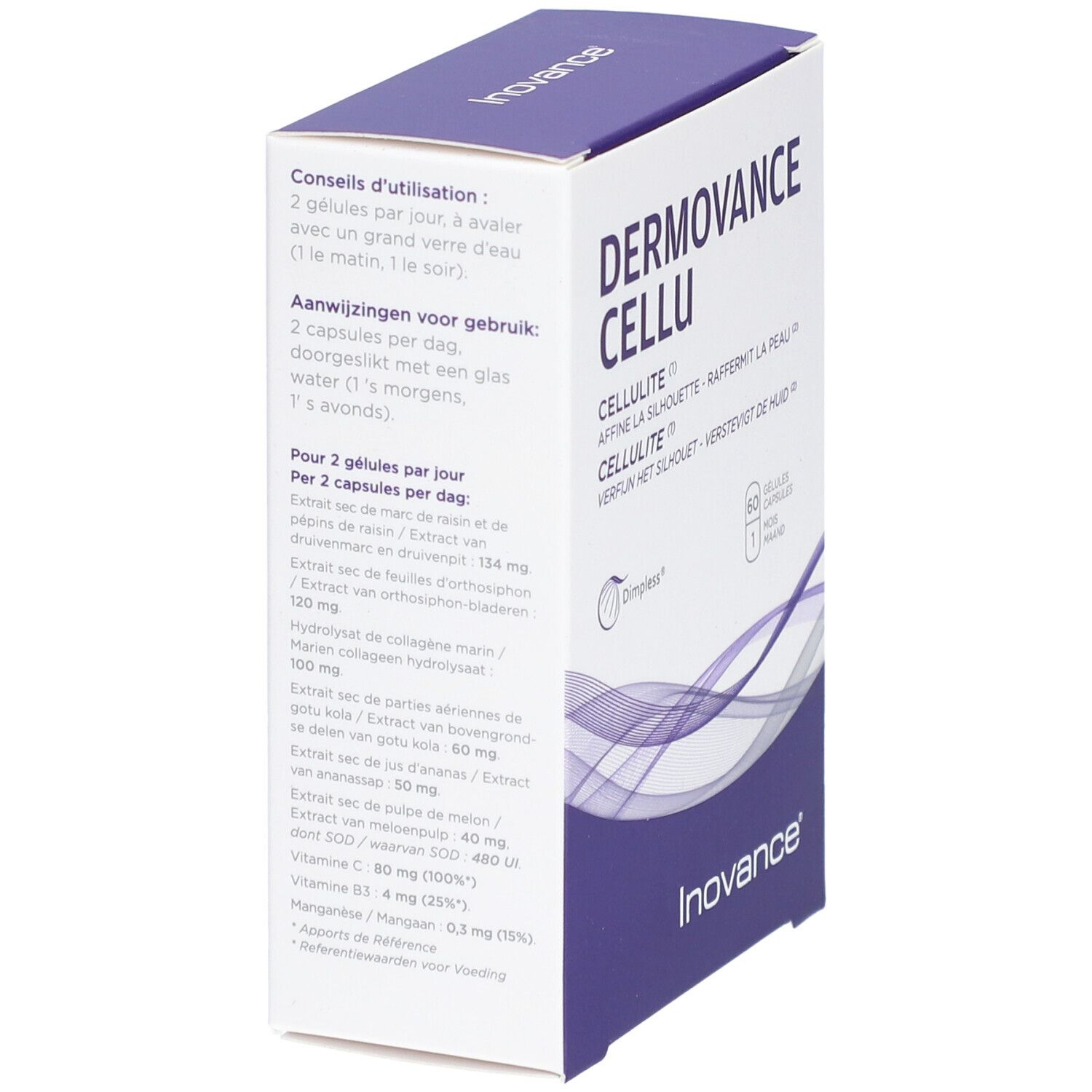 Boîte avec informations produit. Inscription: DERMOVANCE CELLU. Contient 60 gélules. Marque: Inovance. Ingrédients et instructions.