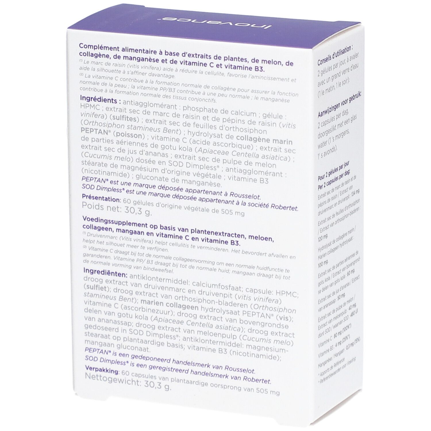 Boîte avec informations produit. Inscription: DERMOVANCE CELLU. Contient 60 gélules. Marque: Inovance. Ingrédients et informations nutritionnelles.