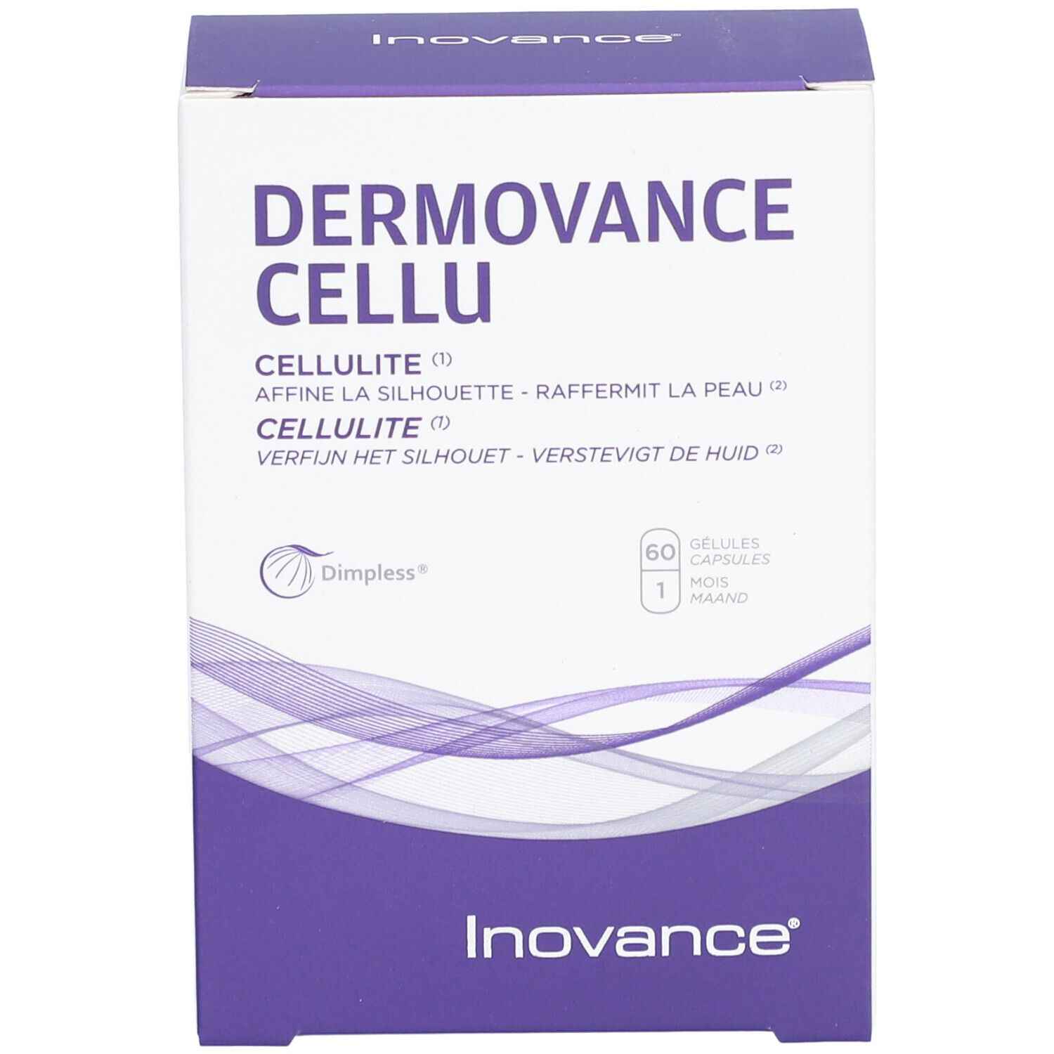 Boîte blanche et violette. Inscription: DERMOVANCE CELLU. Contient 60 gélules. Marque: Inovance.