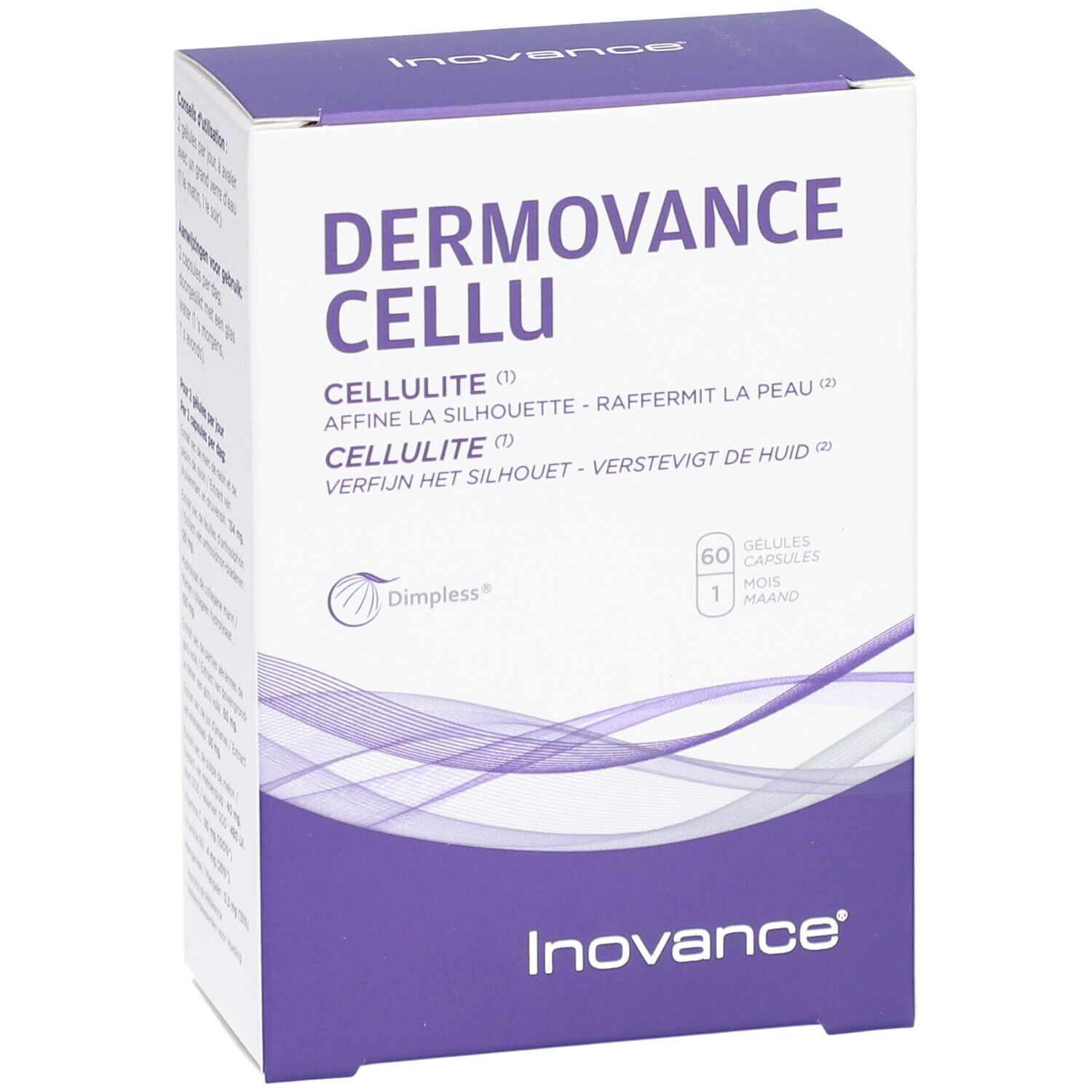 Boîte blanche et violette. Inscription: DERMOVANCE CELLU. Contient 60 gélules. Marque: Inovance.